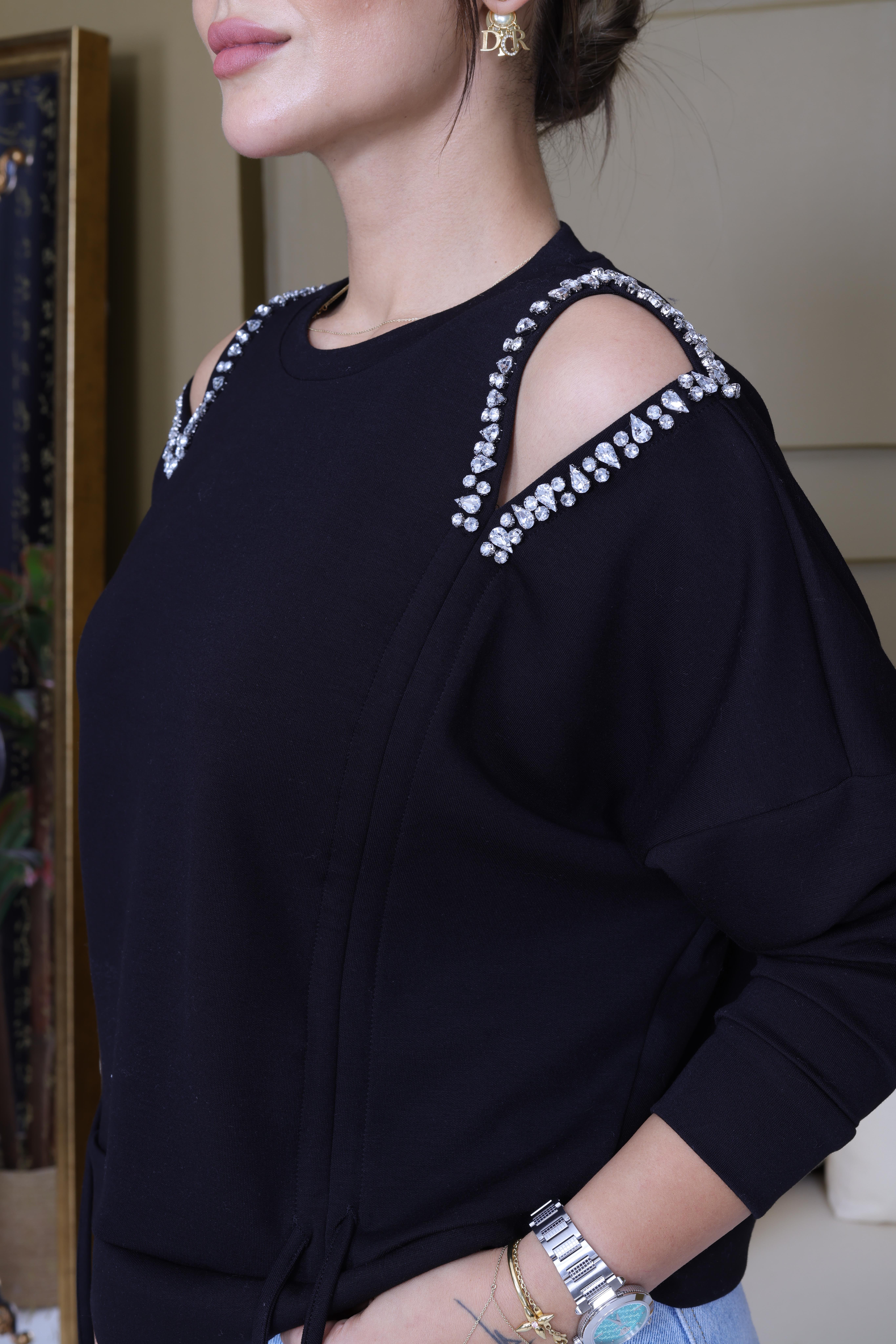 Siyah Loden Pencere Detay Taş İşlemeli Modal Sweat