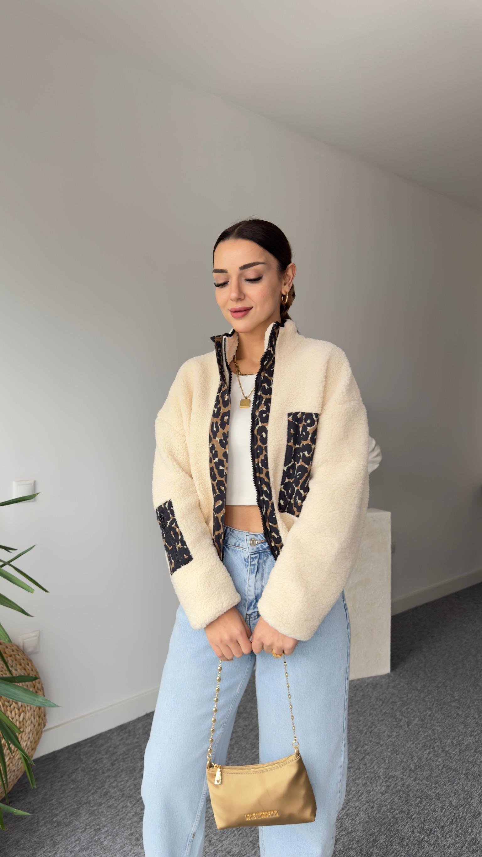 Leopar Detaylı Astarlı Teddy Ceket