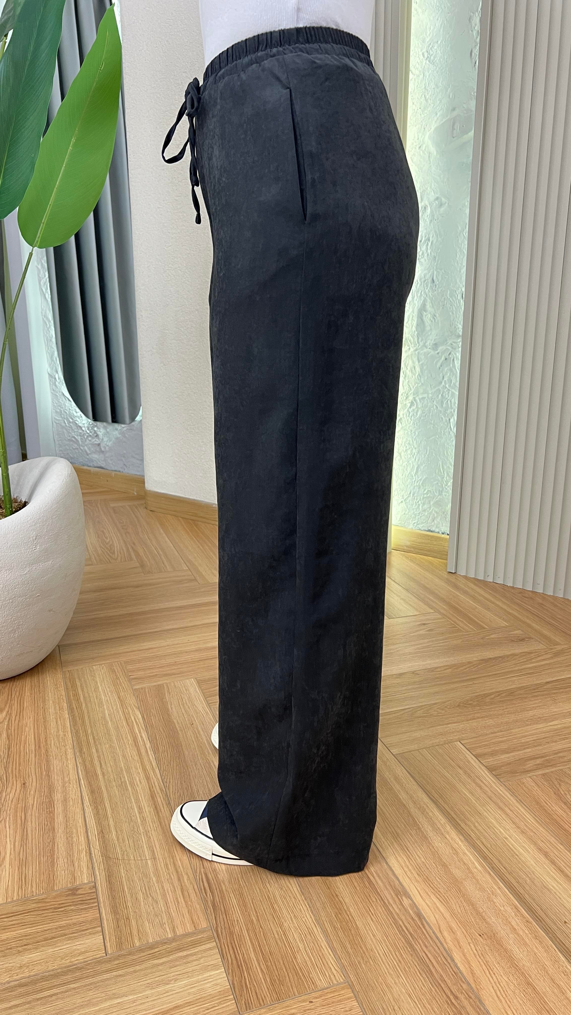 Siyah Mois Dokulu Bol Paça Pantolon