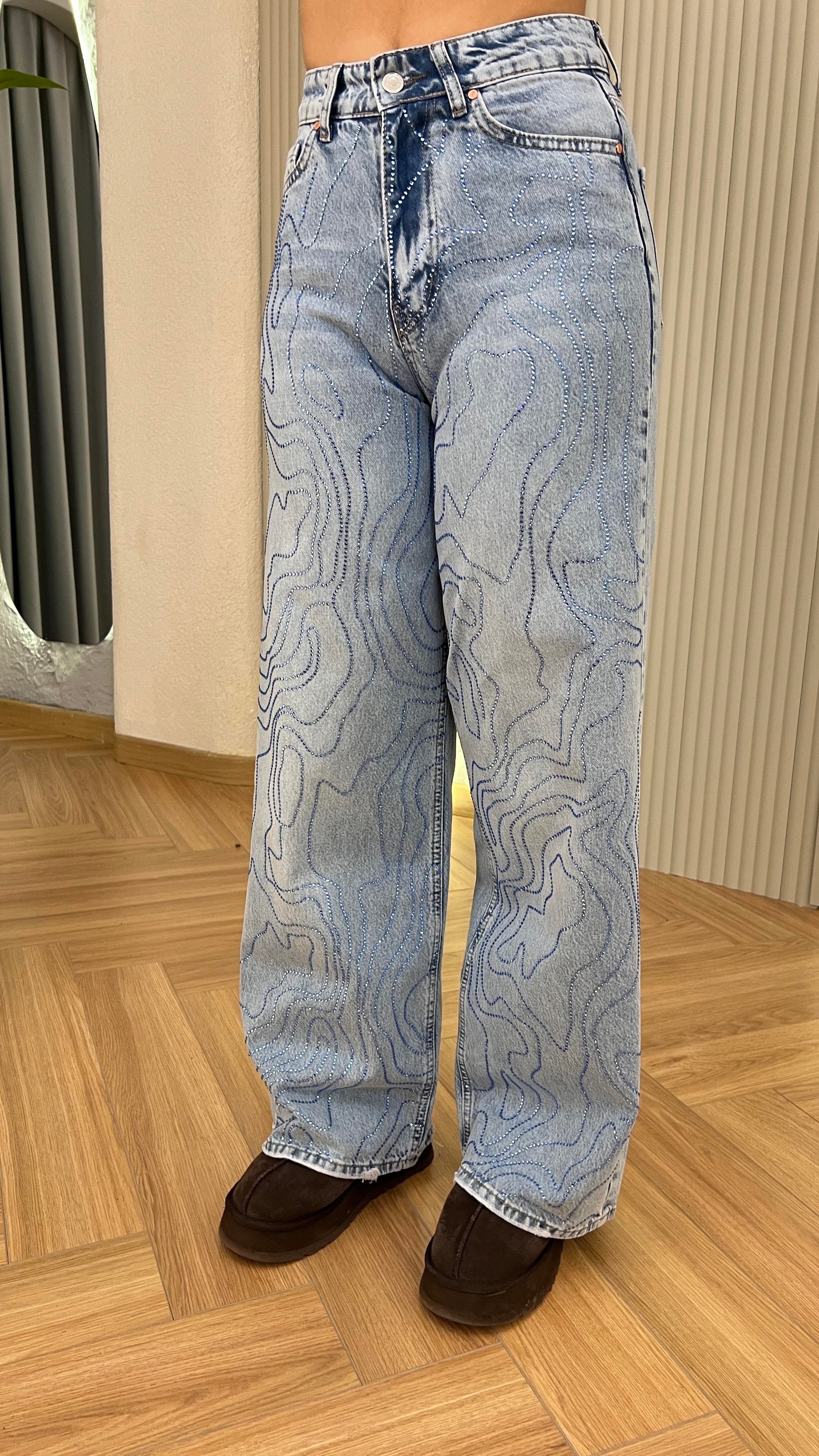 Saggy Önü Taşlı Yüksek Bel Jean