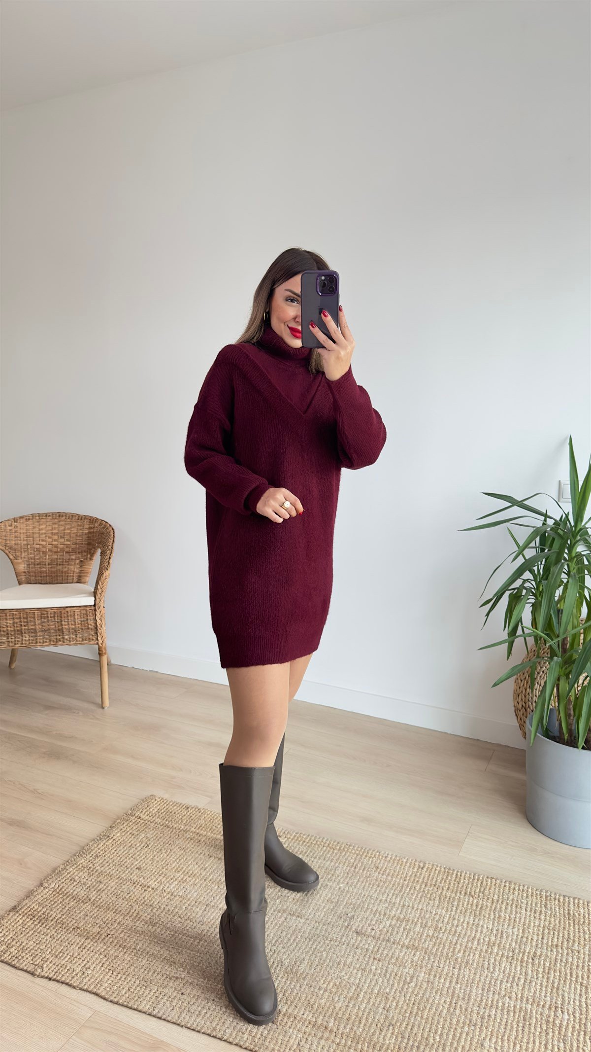 Bordo Boğazlı Tunik Elbise 