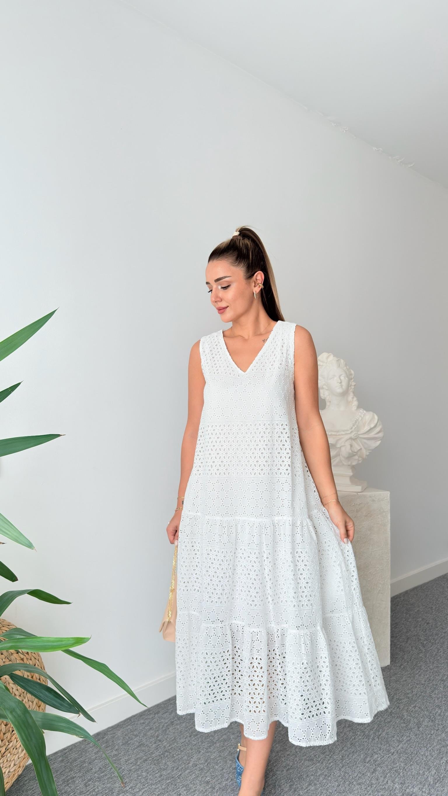 Oslo V Yaka Beyaz Fisto Elbise