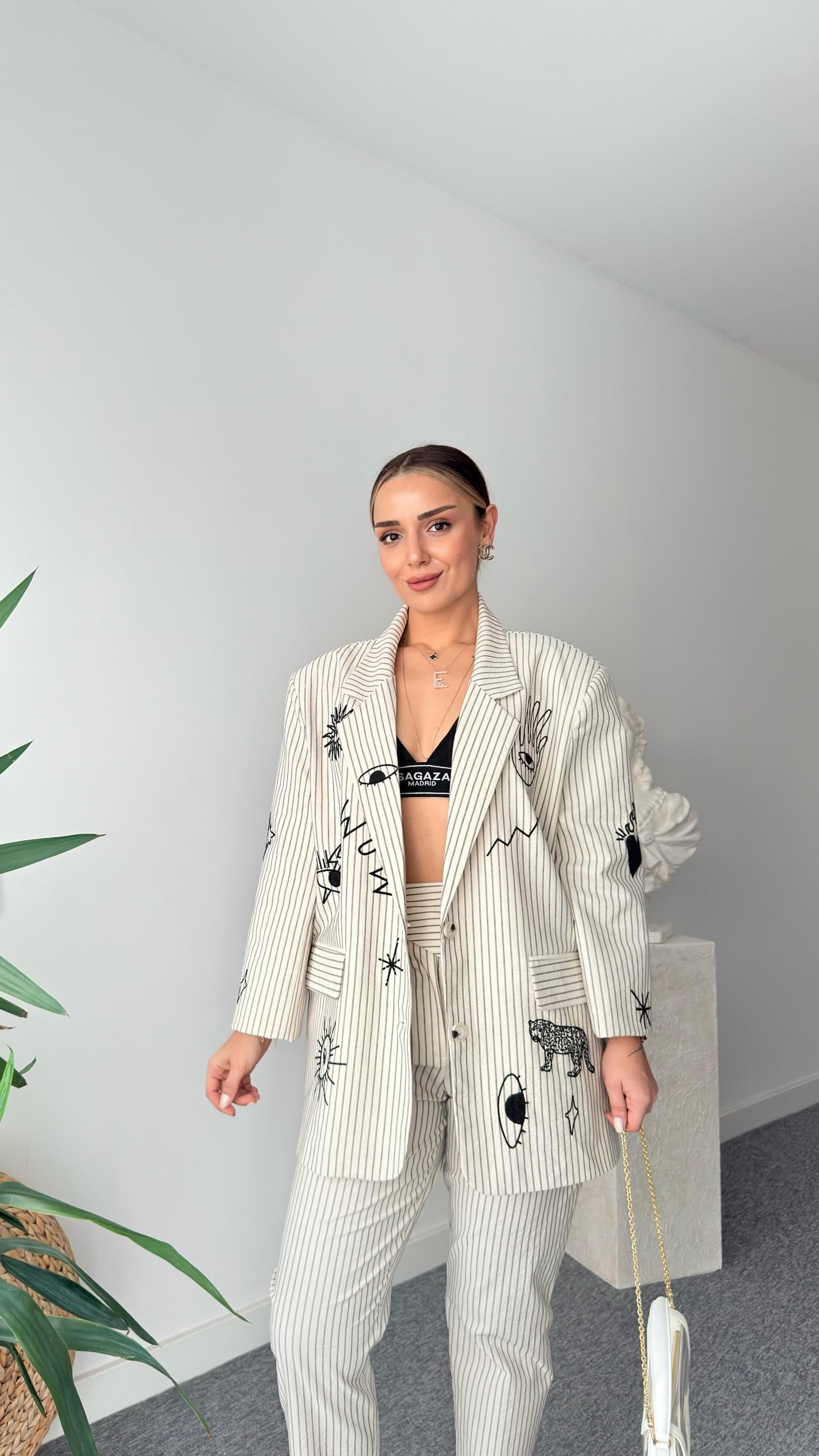 Jansen Nakış Detaylı Çizgili Blazer Ceket