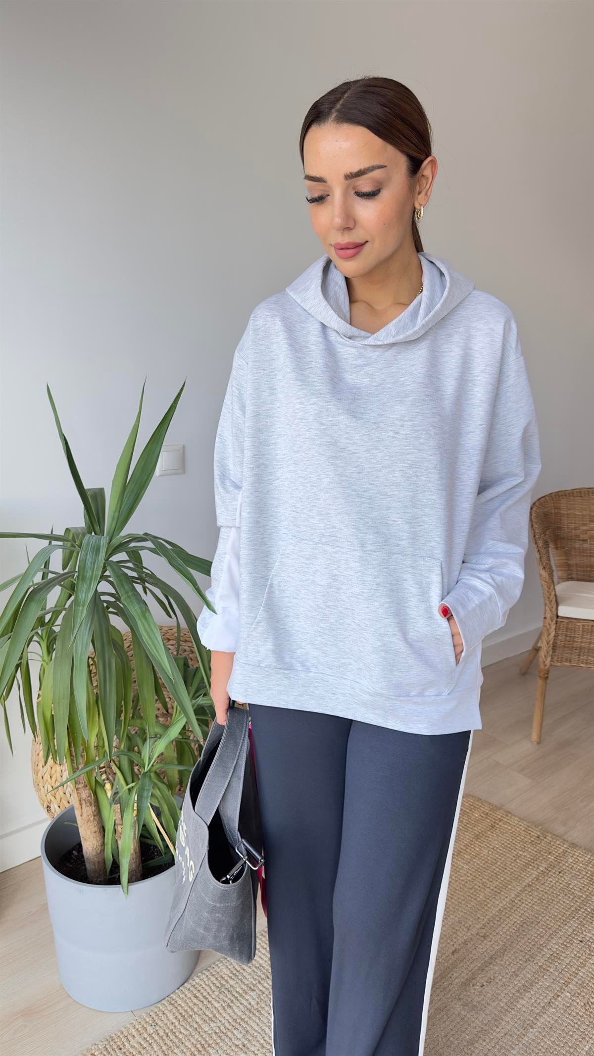 Zra Model Sırtı Poplin Kapüşonlu Gri Sweat