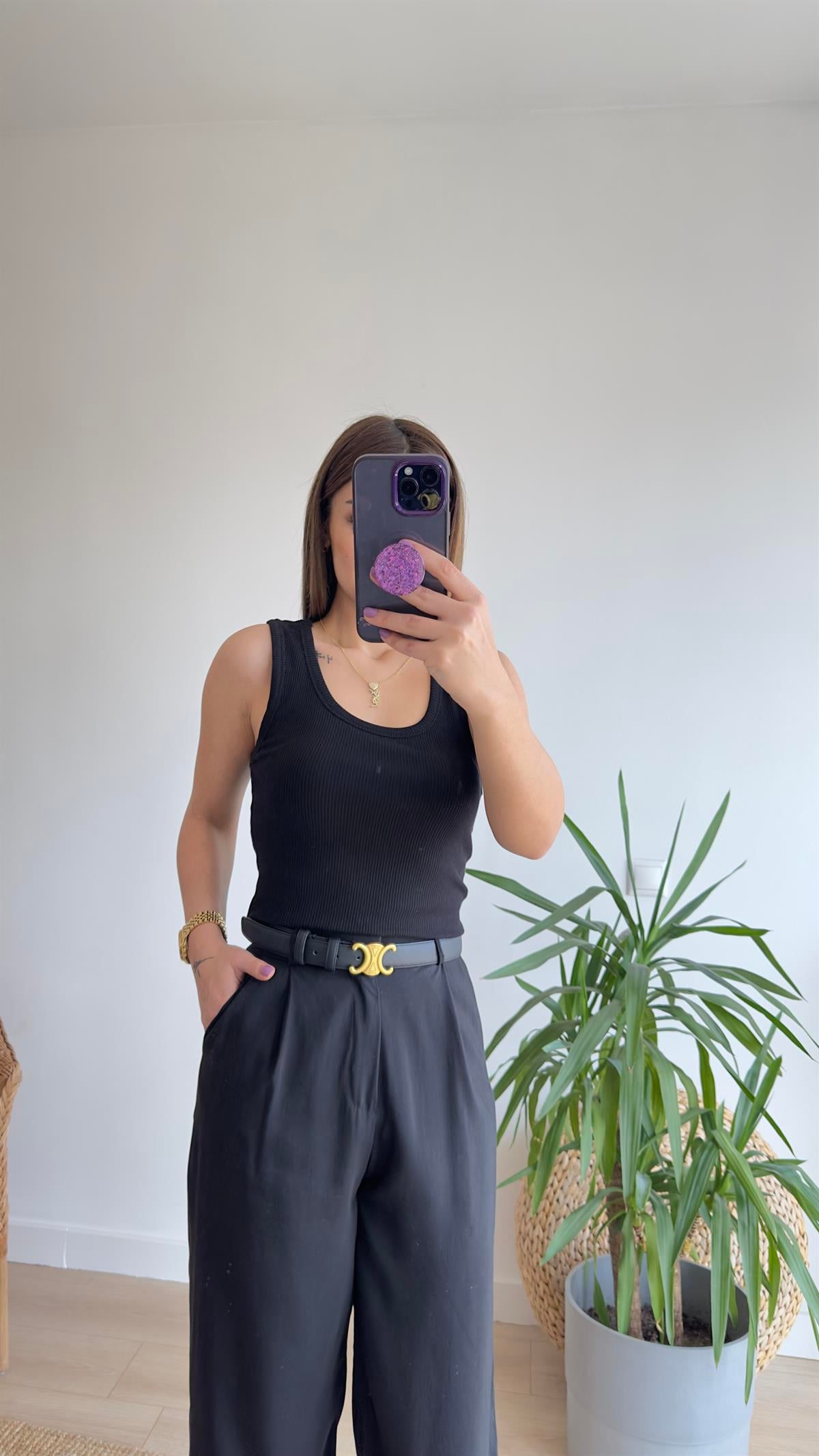 İlya Çizgili U Yaka Siyah Crop
