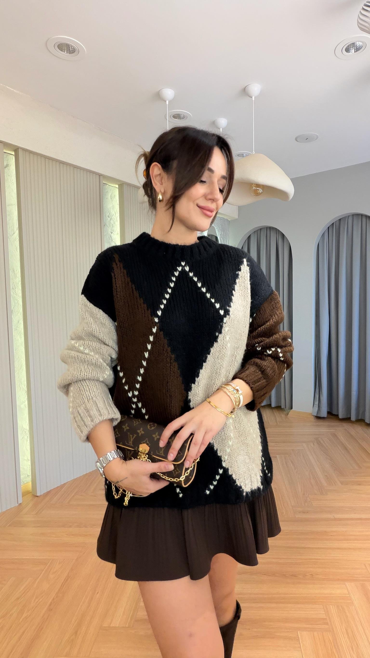 Siyah Marno Zra Model Baklava Desen Kazak