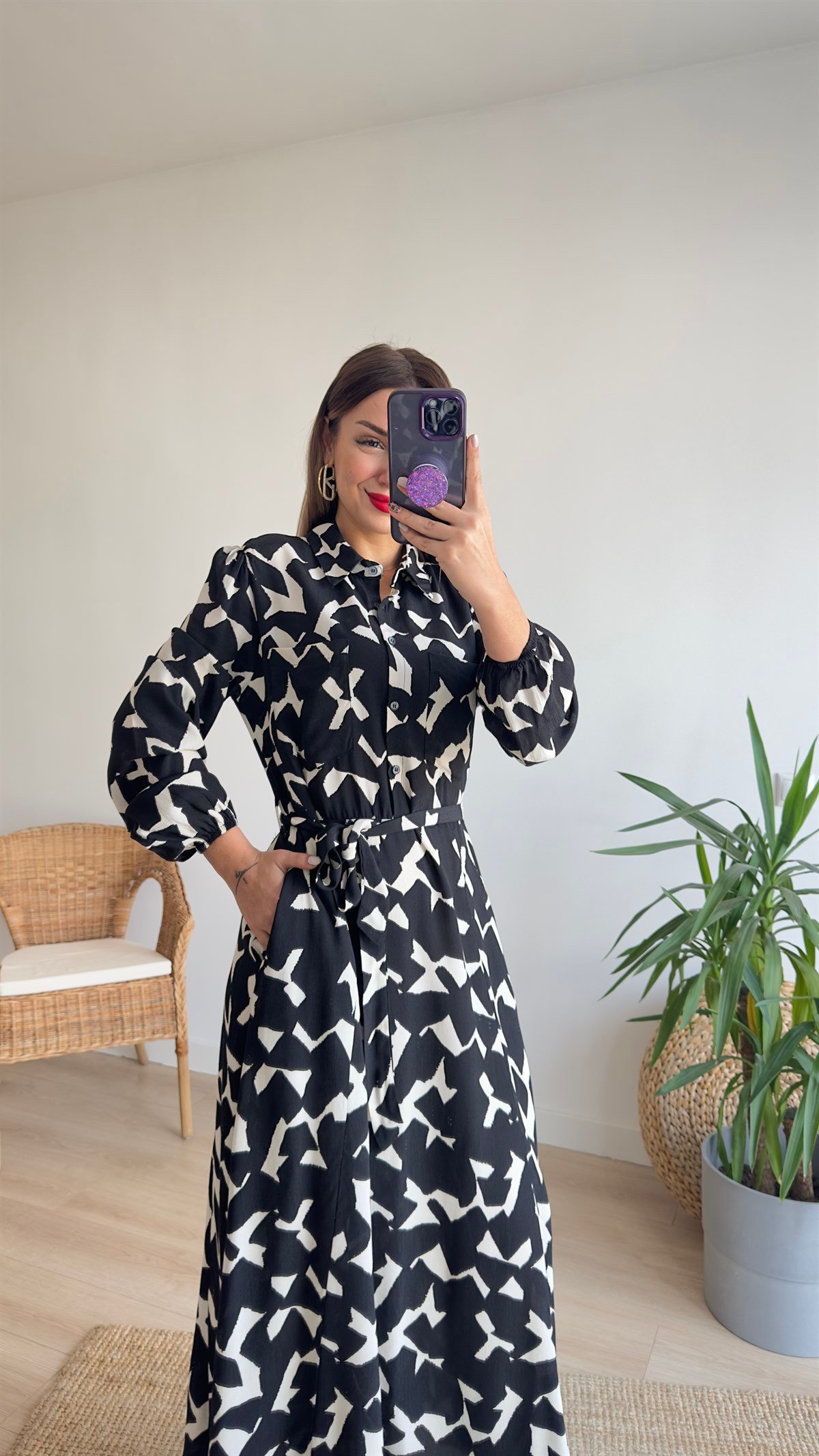 Geometrik Desen Cepli Maxi Elbise 