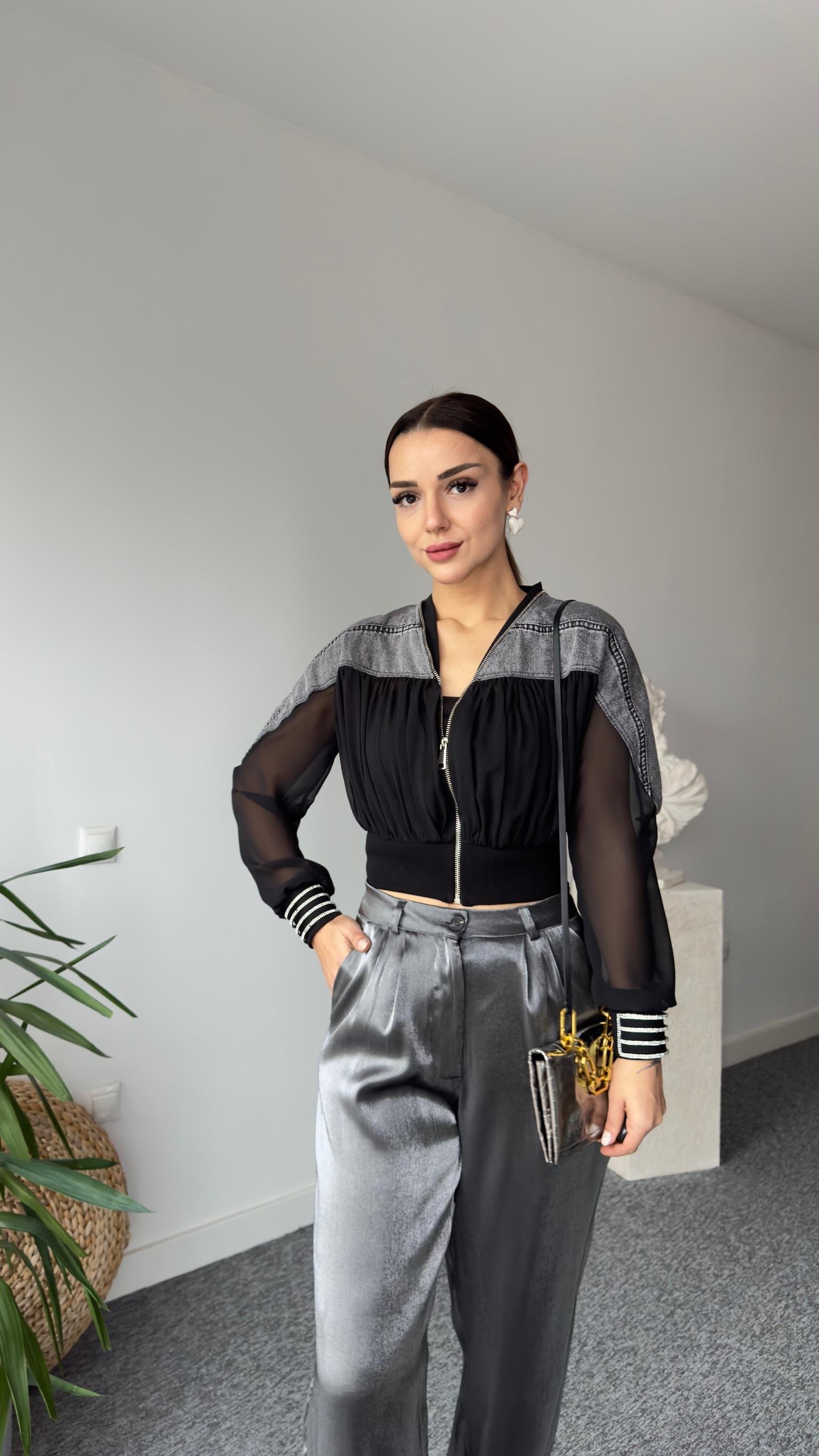 Gri Kot Detaylı Tasarım Tül Ceket