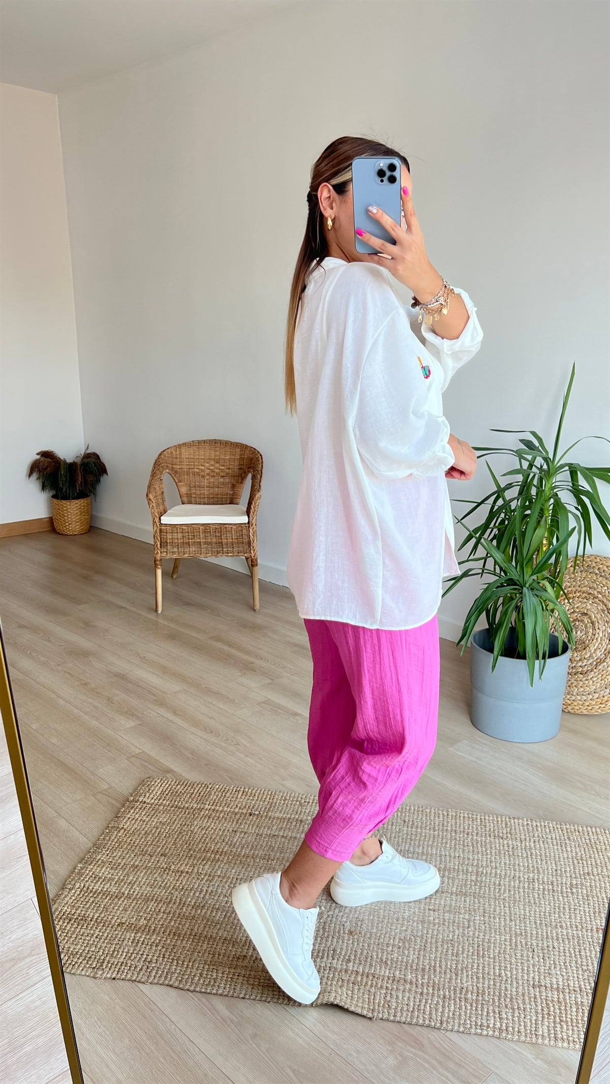 İşleme Taş Detaylı Oversize Keten Gömlek