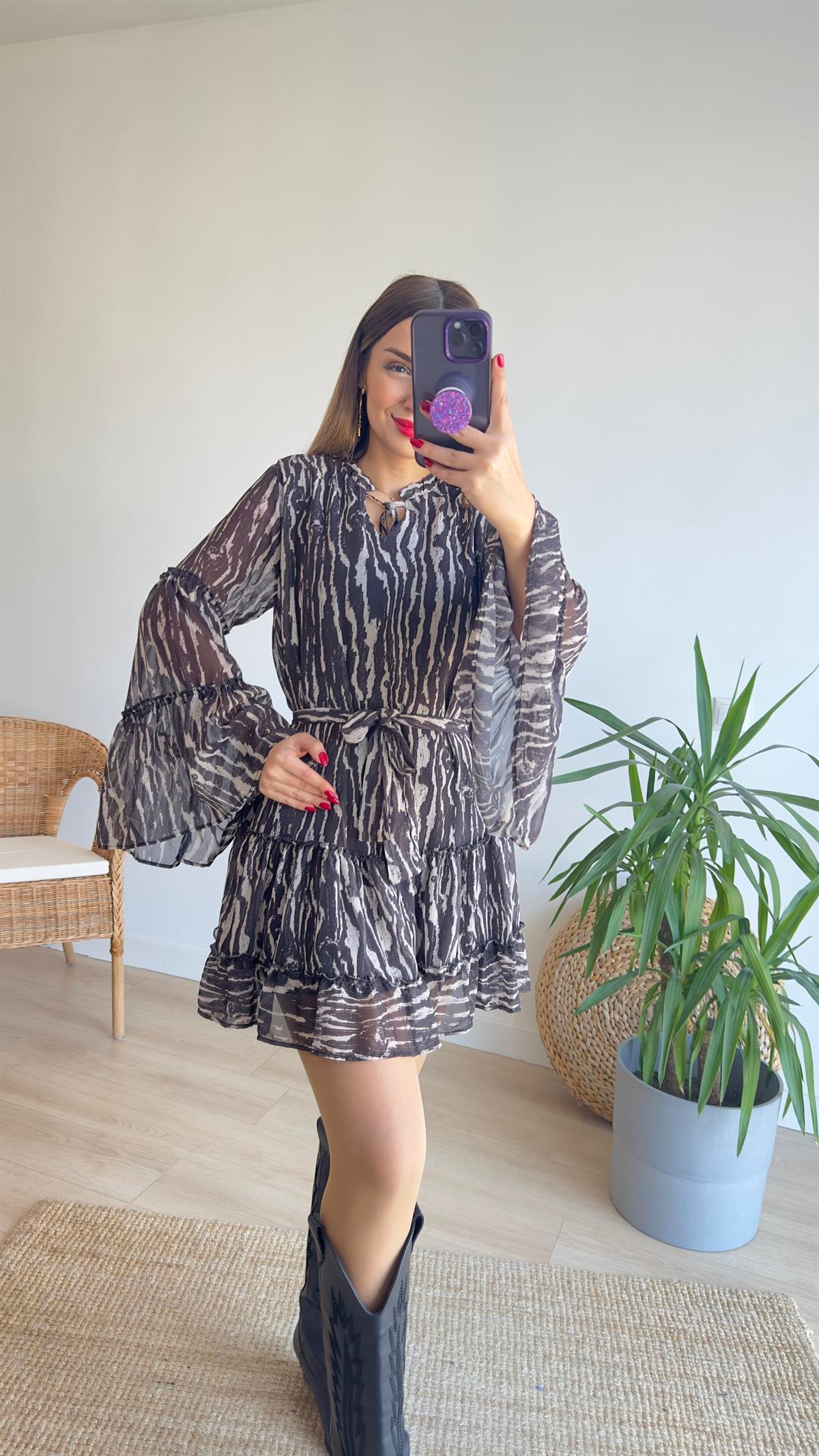 Zebra Desen Astarlı Şifon Elbise