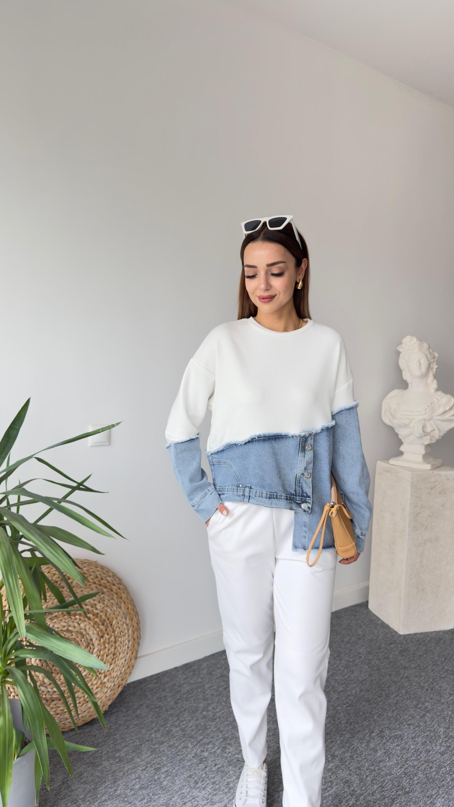 New Asimetrik Kot Detay Beyaz Tasarım Sweat
