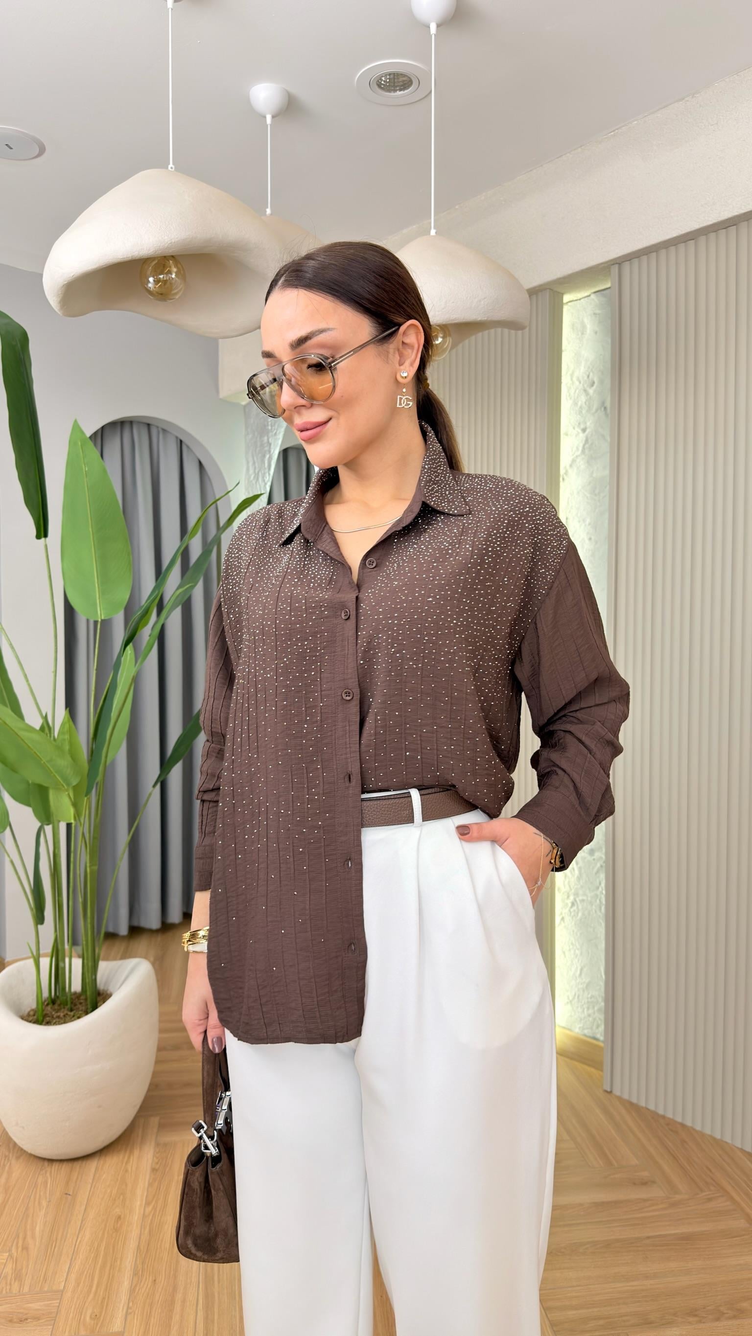 Kahve Minka Parıltılı Taş Detaylı Gömlek