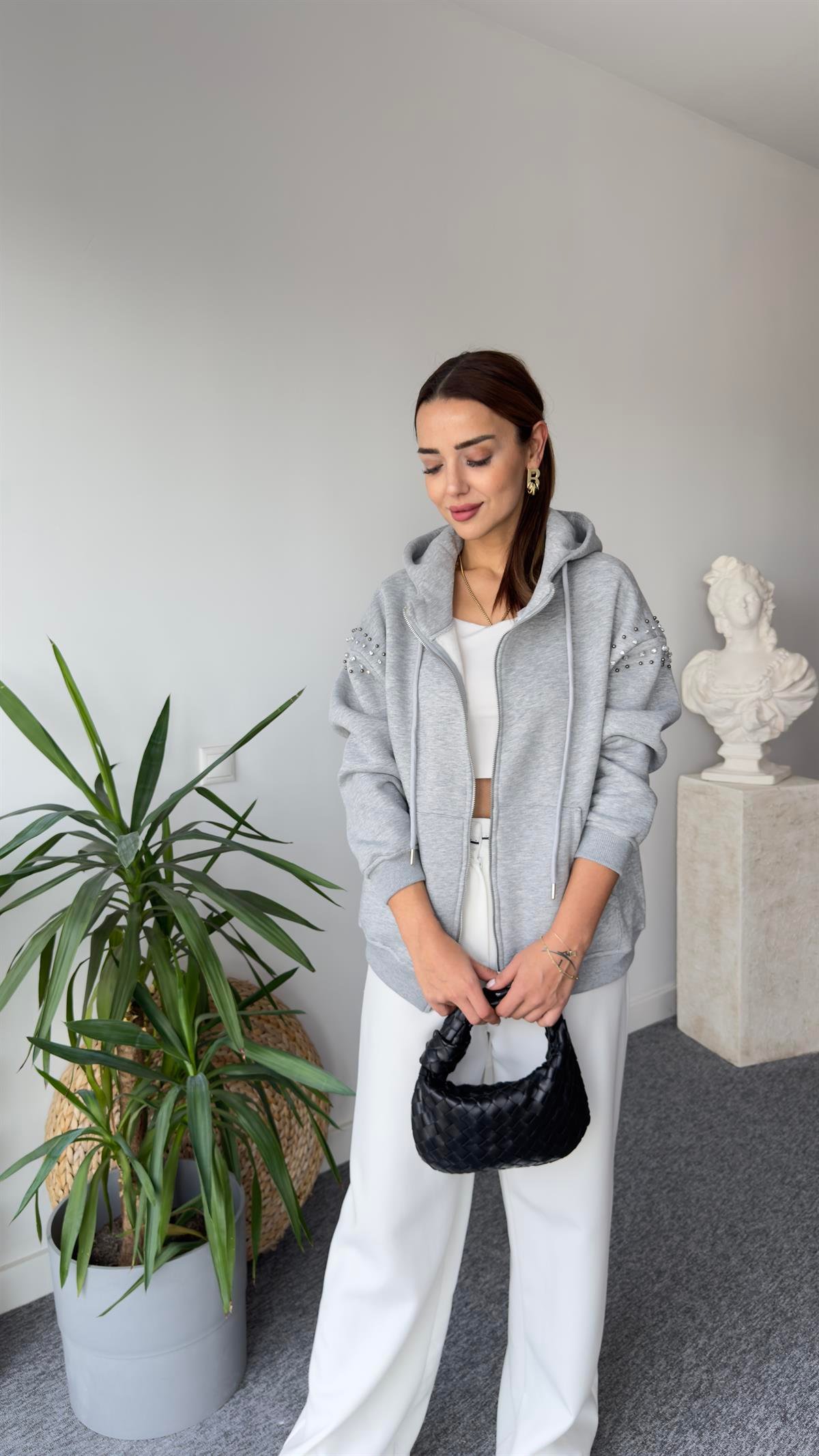 Orj Model Kolları Taşlı Gri Sweat