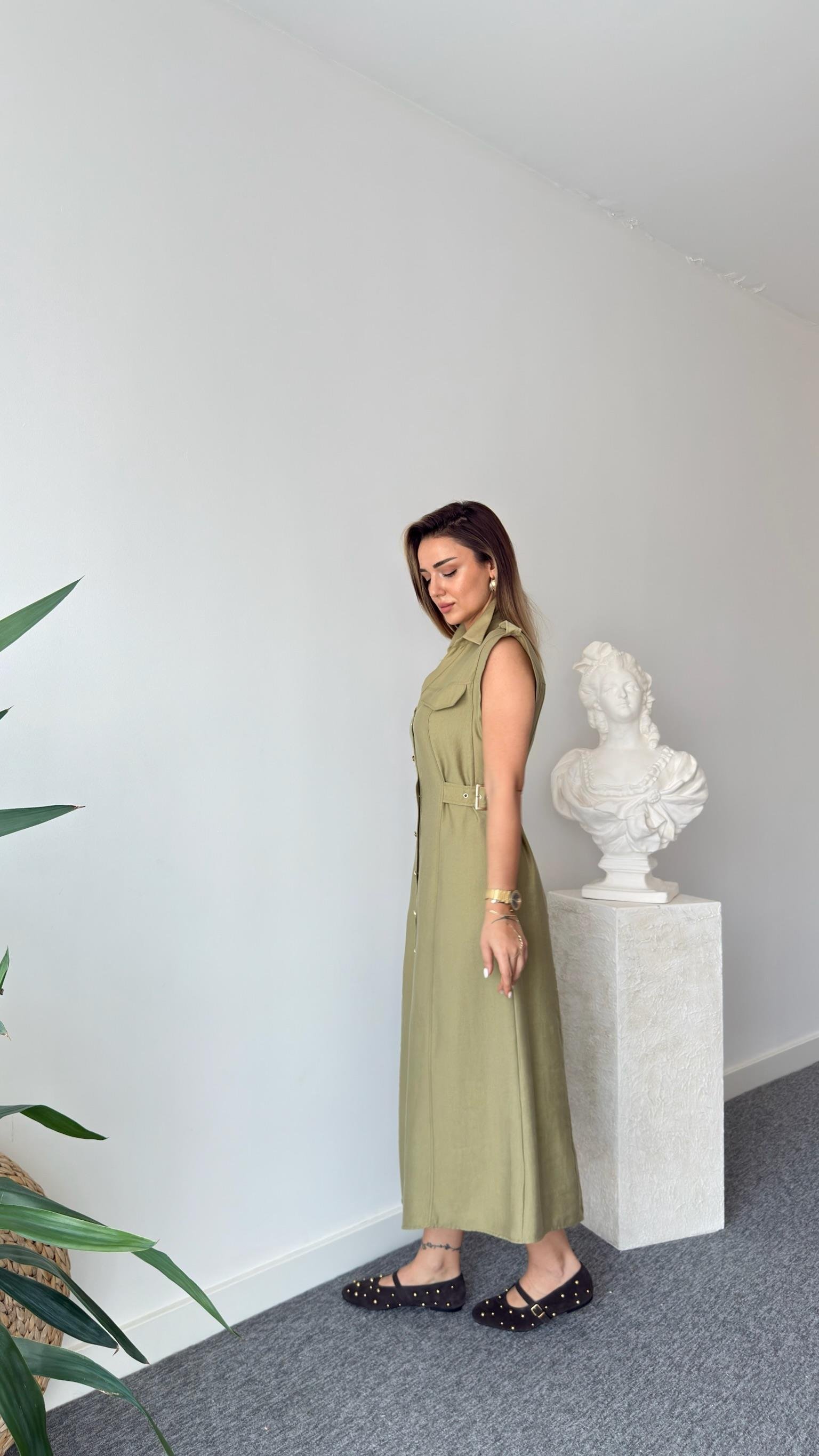 Yeşil Yan Kemerli Zra Model Tensel Elbise 