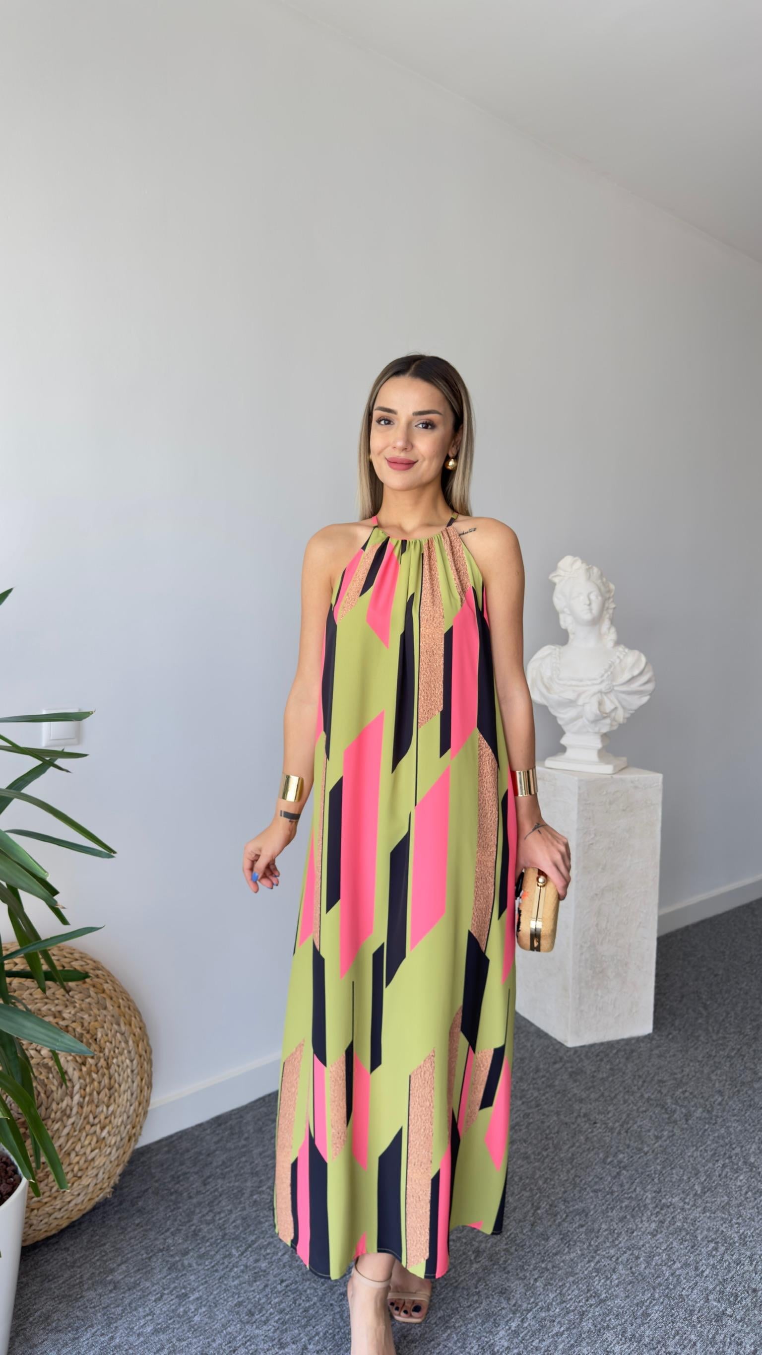 Yeşil Pembe Desenli Elbise