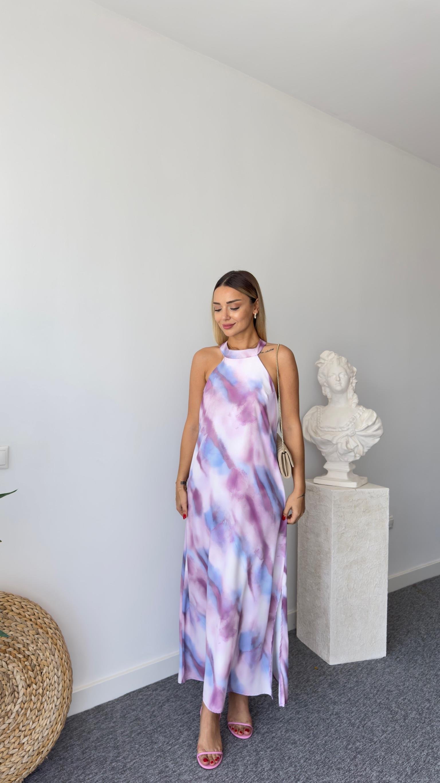 Lila Halter Yaka Desenli Elbise 