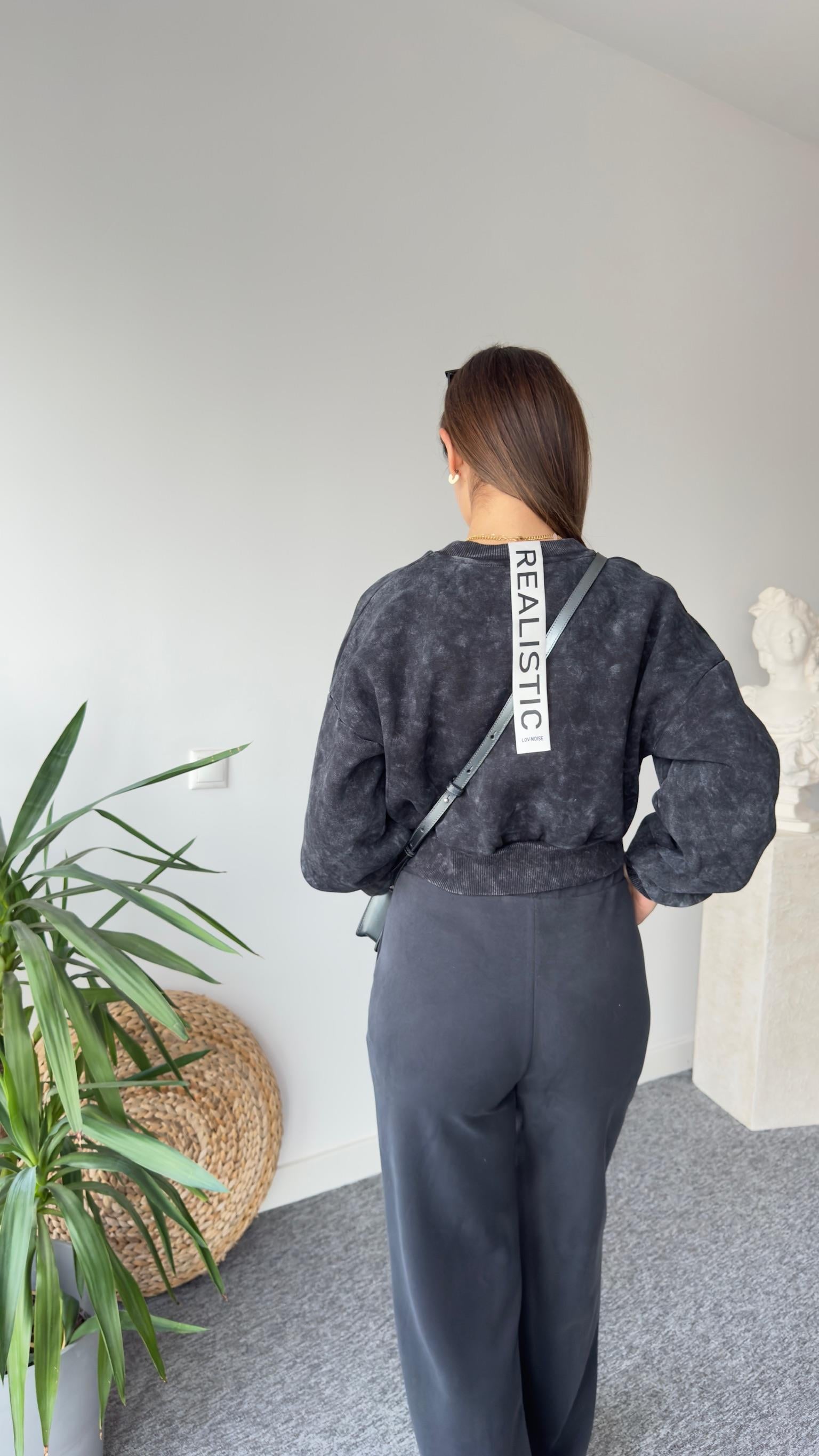 Aksesuarlı Antrasit Yıkamalı Sweat