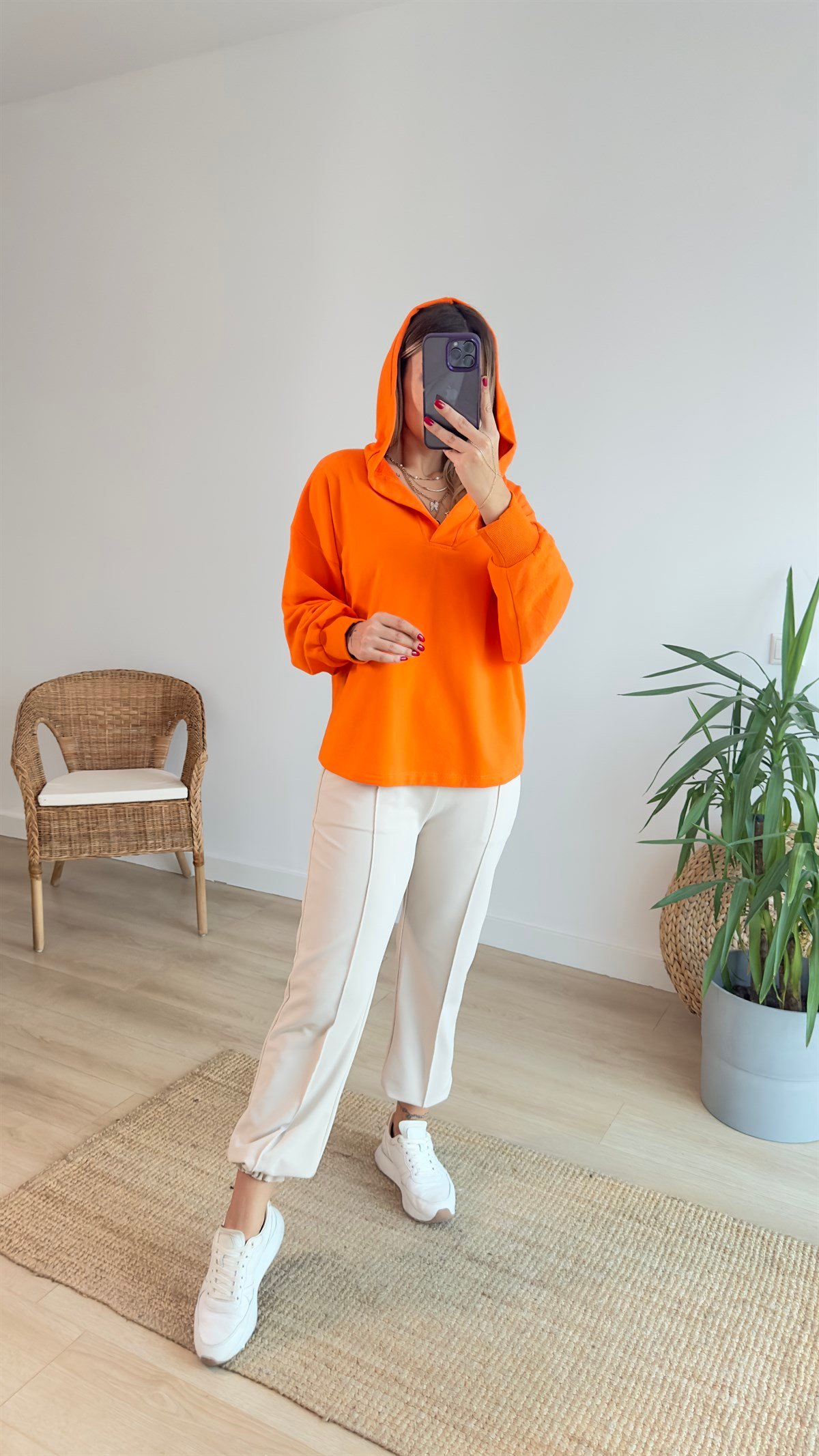 Kapüşonlu Turuncu Basic Sweat