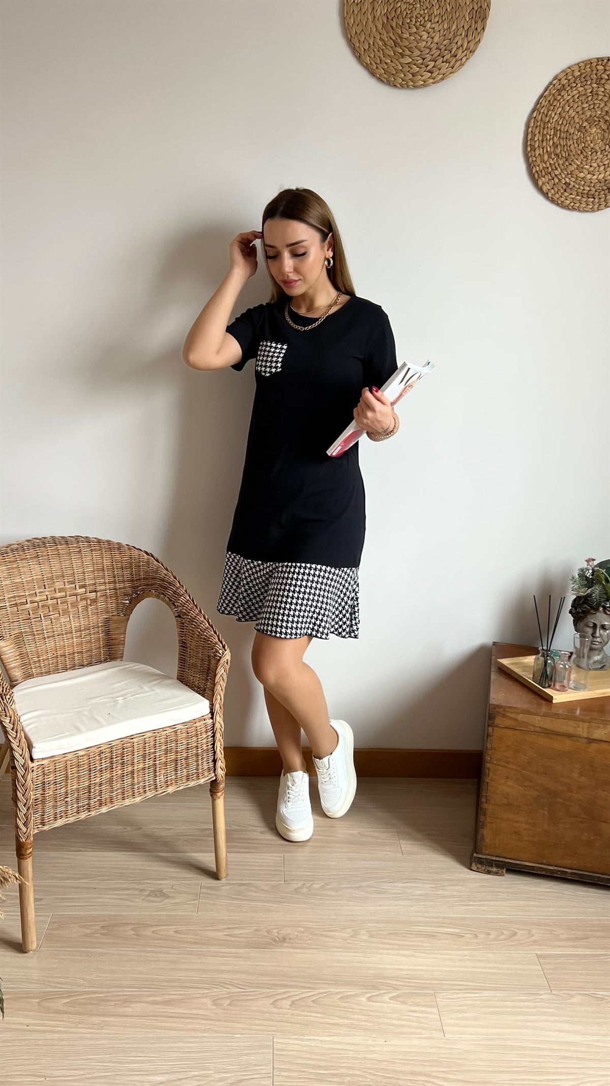 Kaz Ayağı Desen Basic Elbise