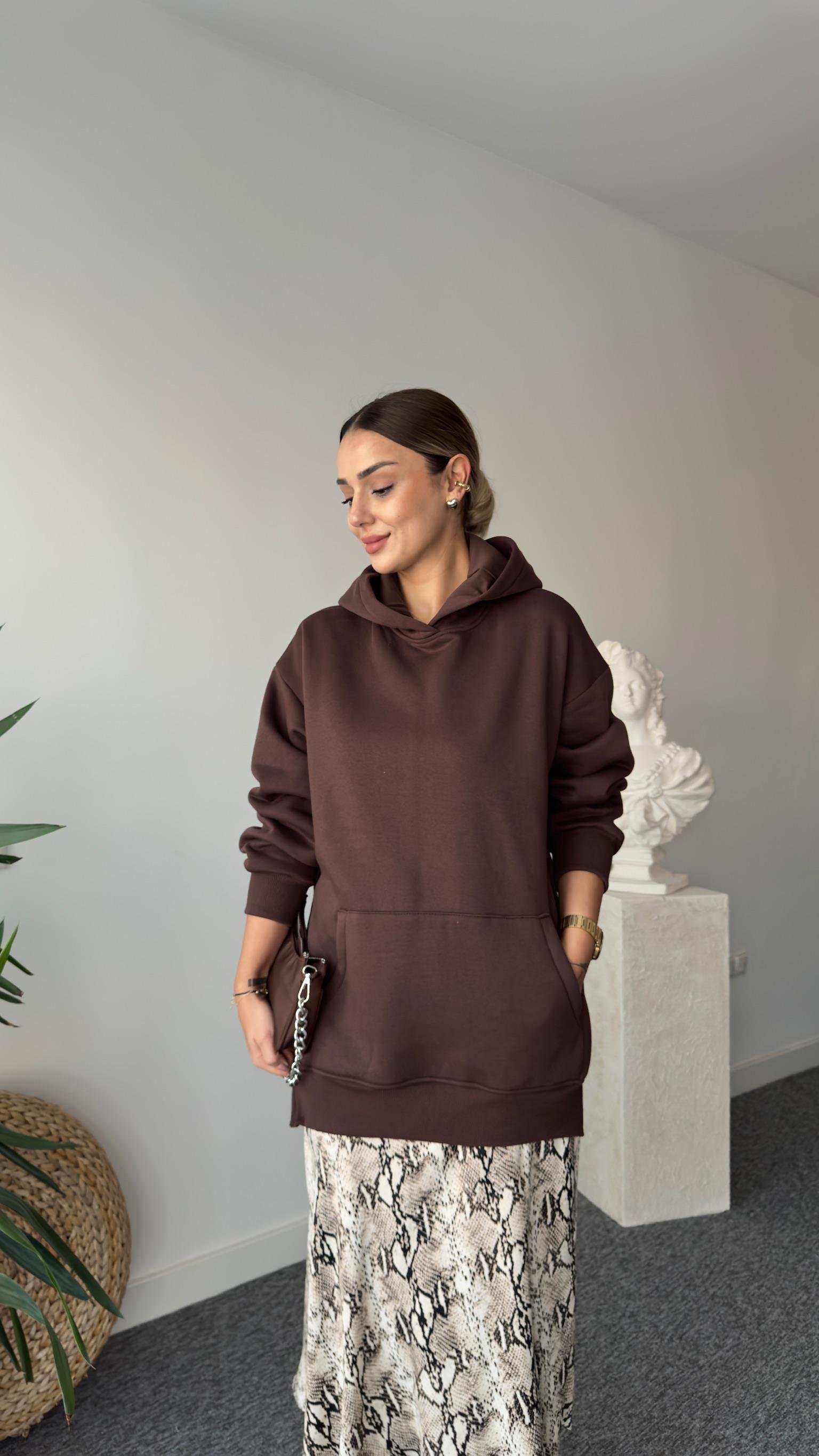 Fendy Yanlar Fermuarlı Salaş Kahve Sweatshirt