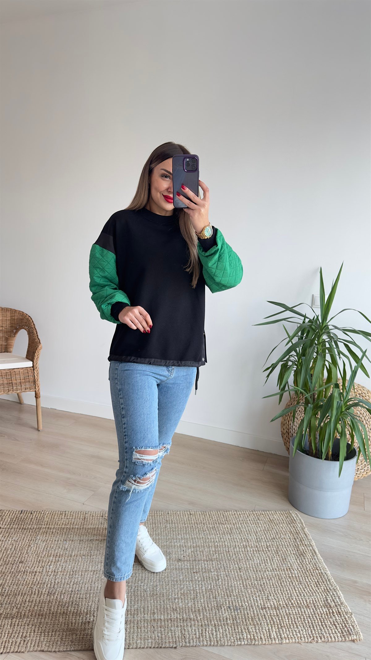  Kolları Yeşil Kapitone Tasarım Sweat 