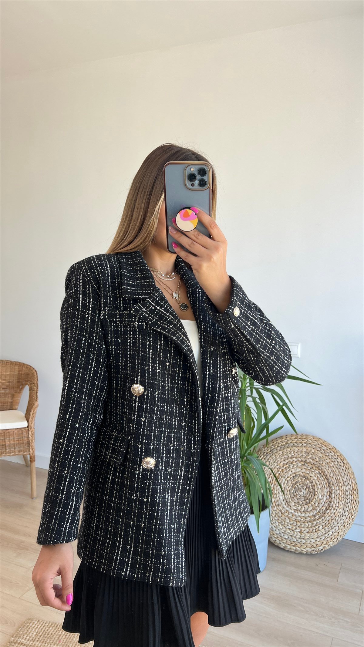 Siyah Beyaz Tüvit Blazer Ceket 