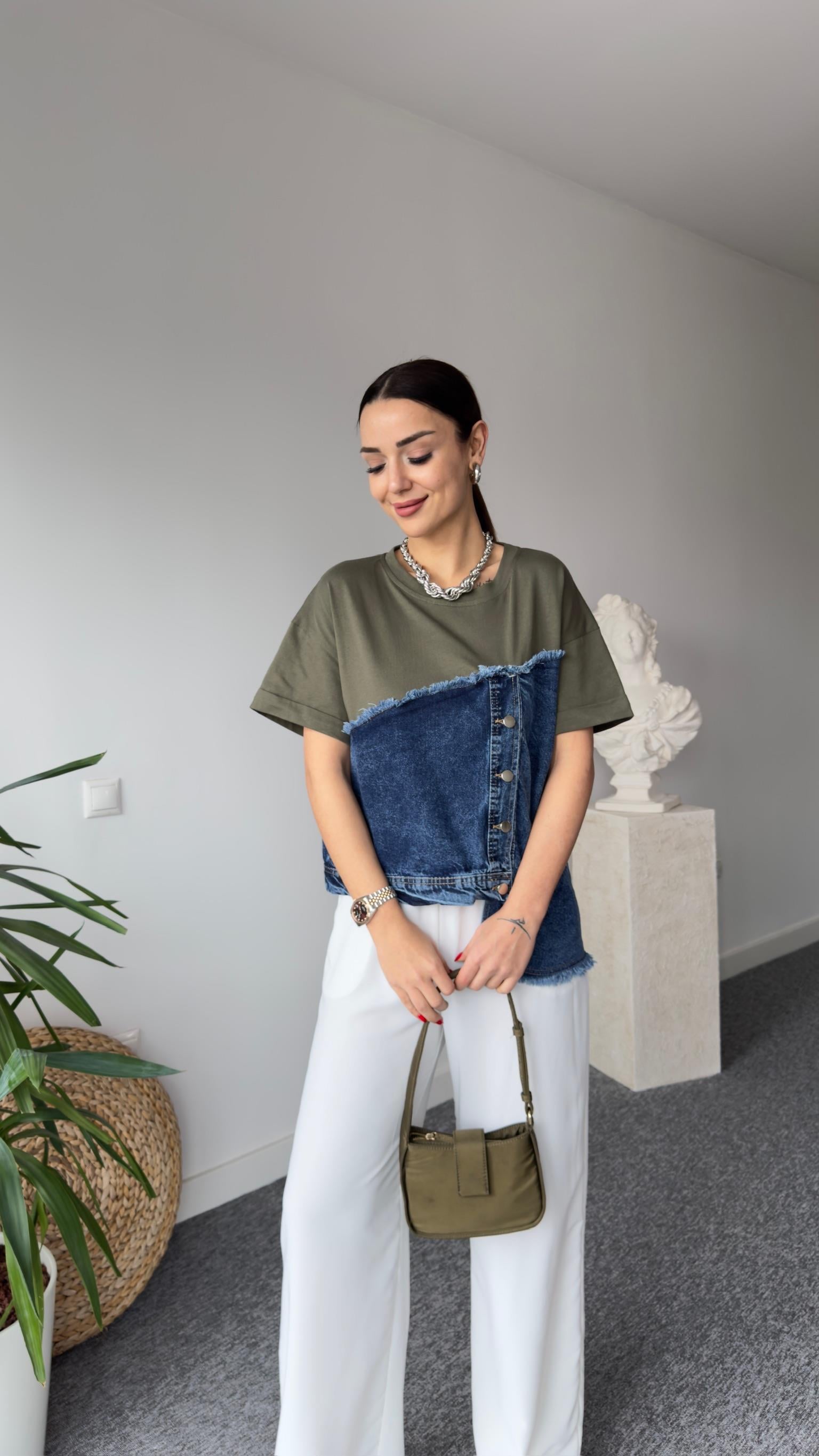 Asimetrik Kot Detaylı Haki Tshirt