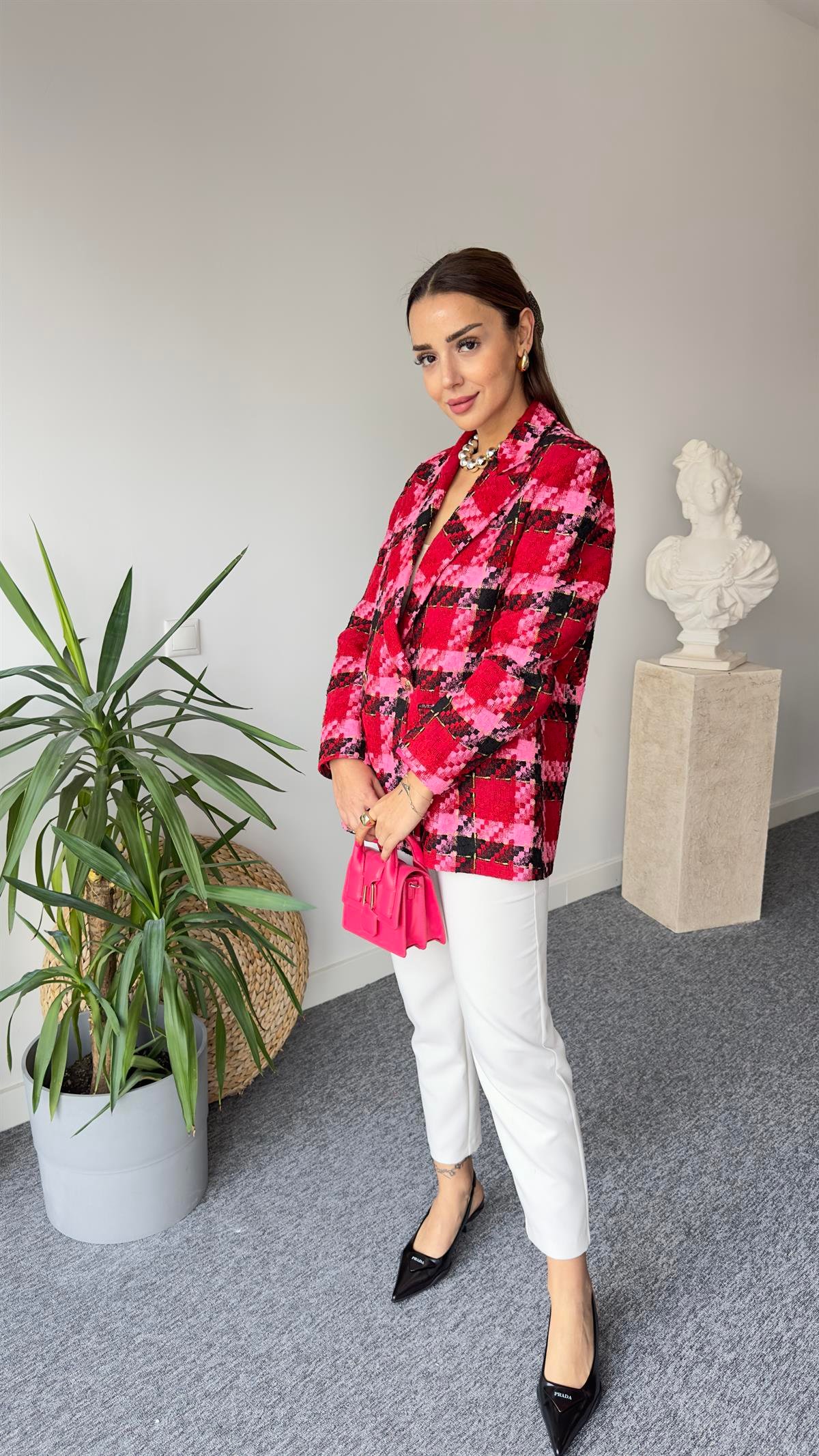 Kırmızı Pembe Renk Geçişli Blazer Ceket