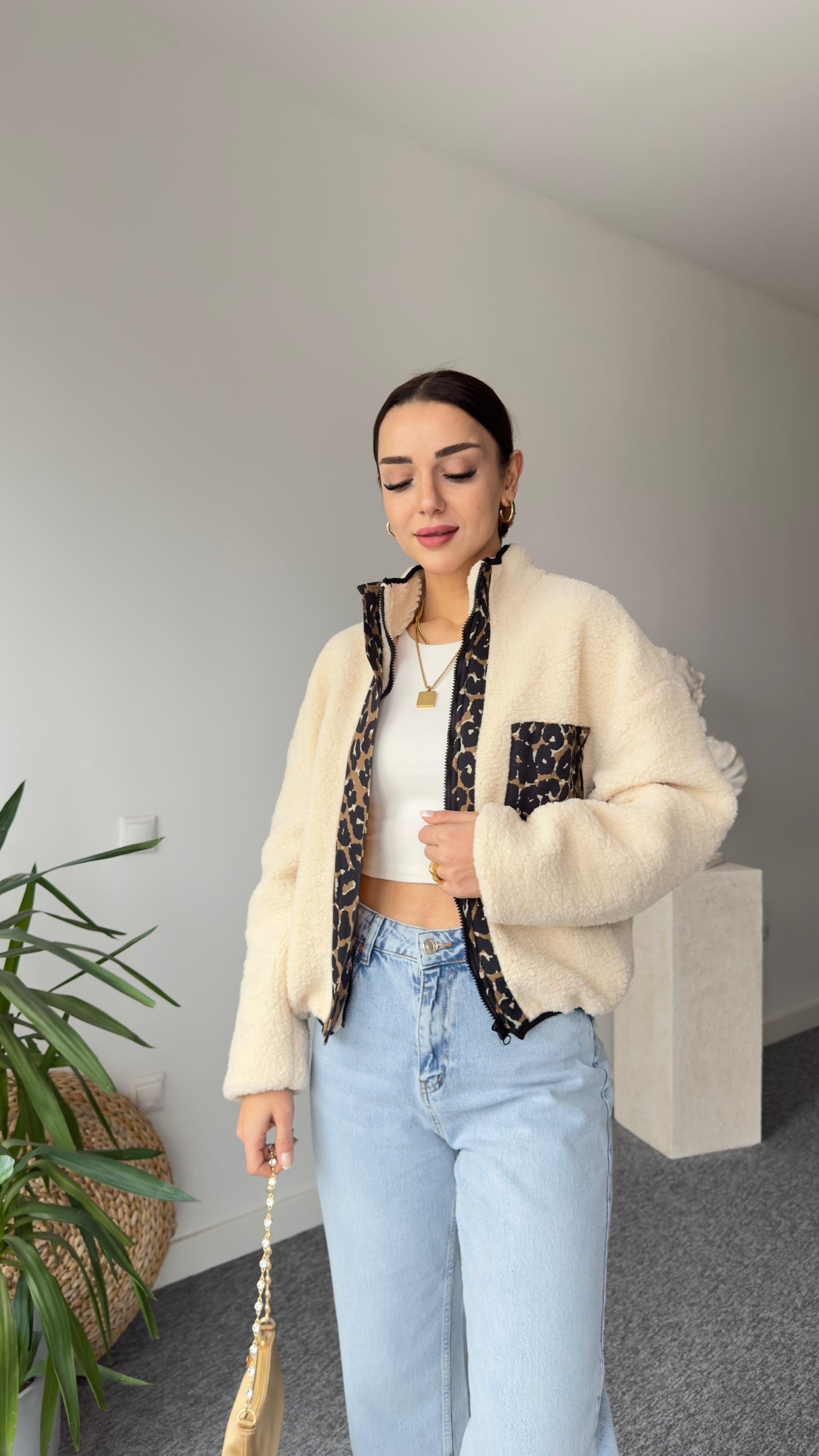 Leopar Detaylı Astarlı Teddy Ceket