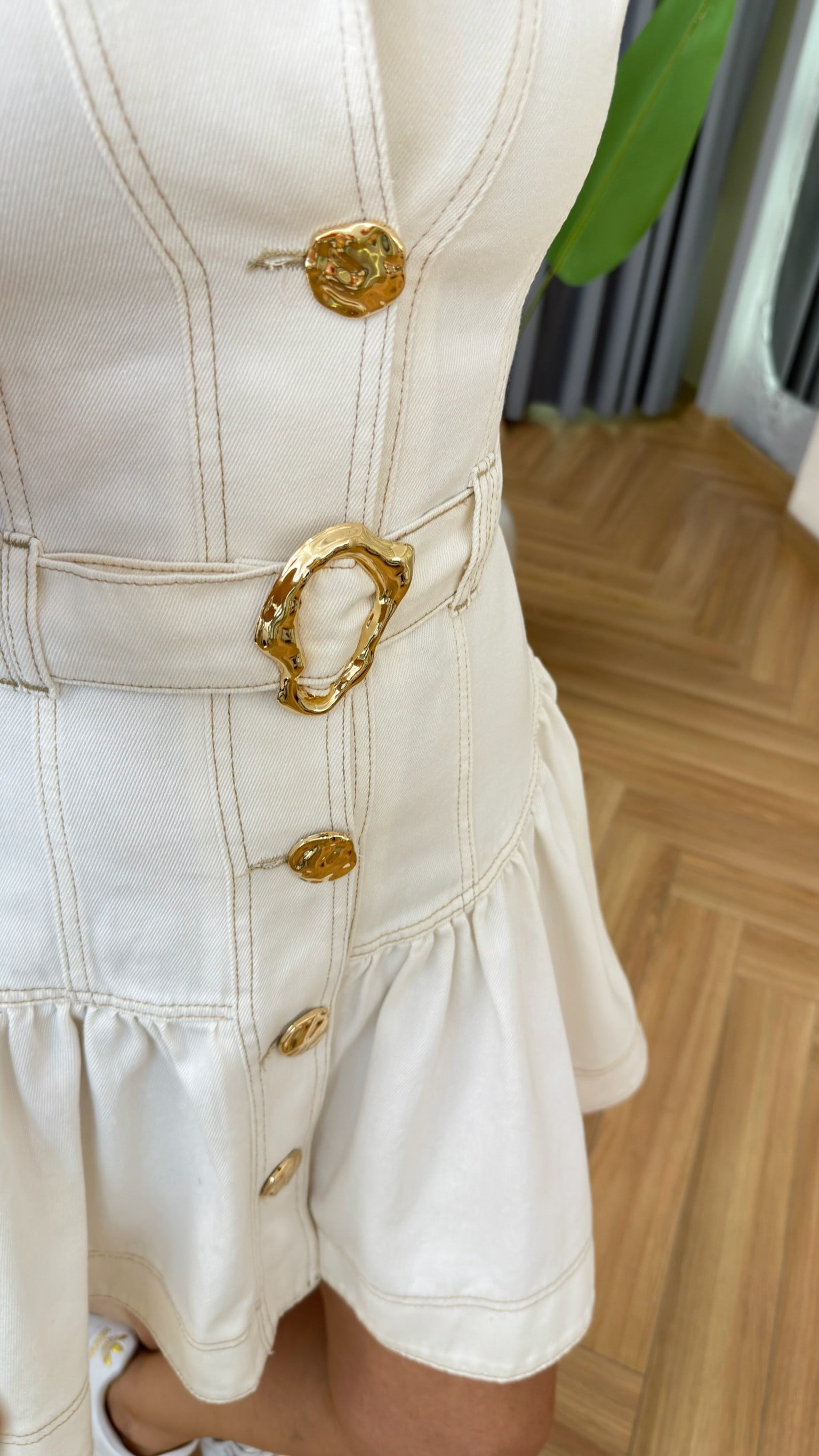 Pitres Gold Düğmeli Premium Gabardin Elbise 