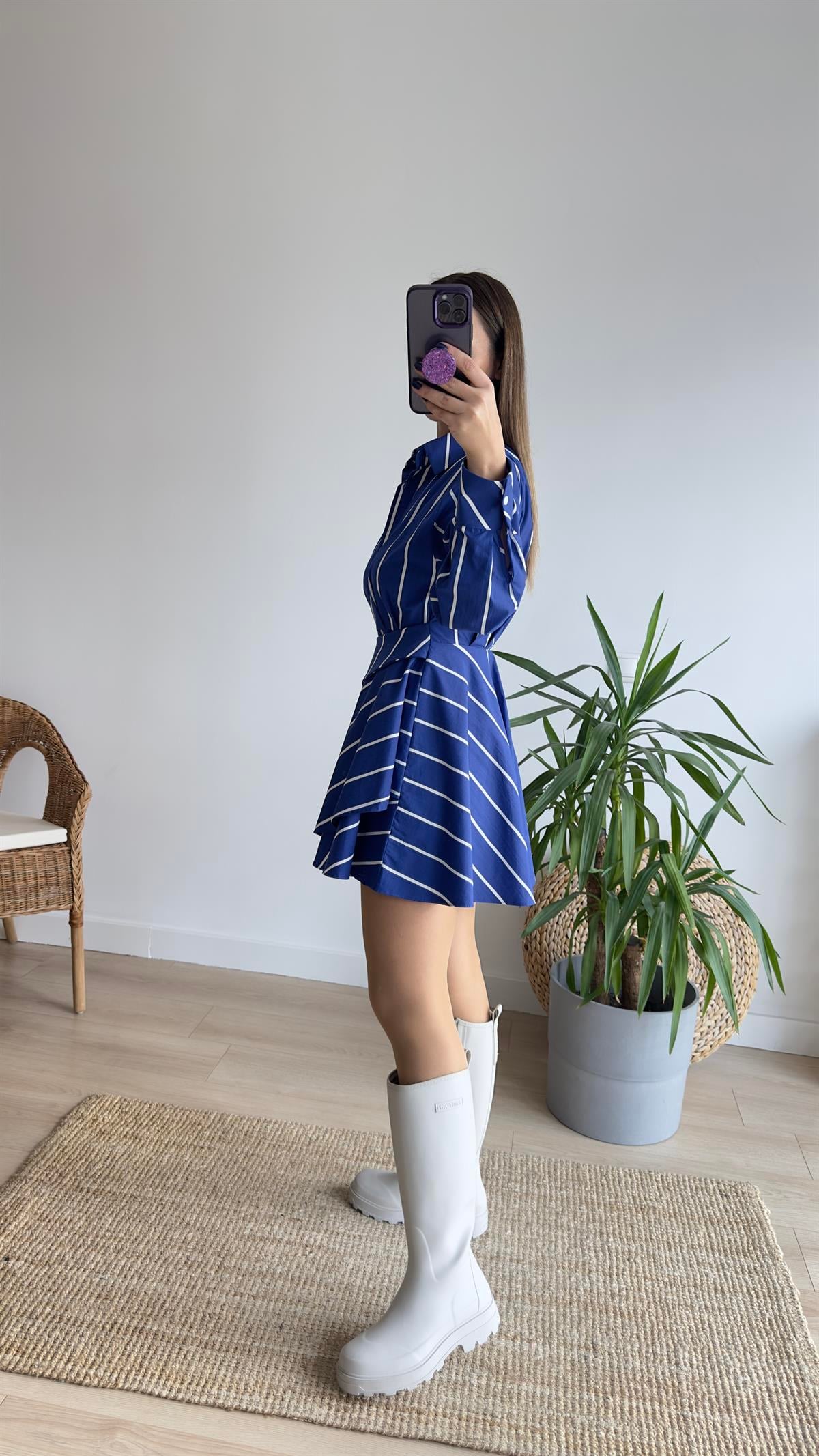 Tasarım Çizgili Poplin Elbise 