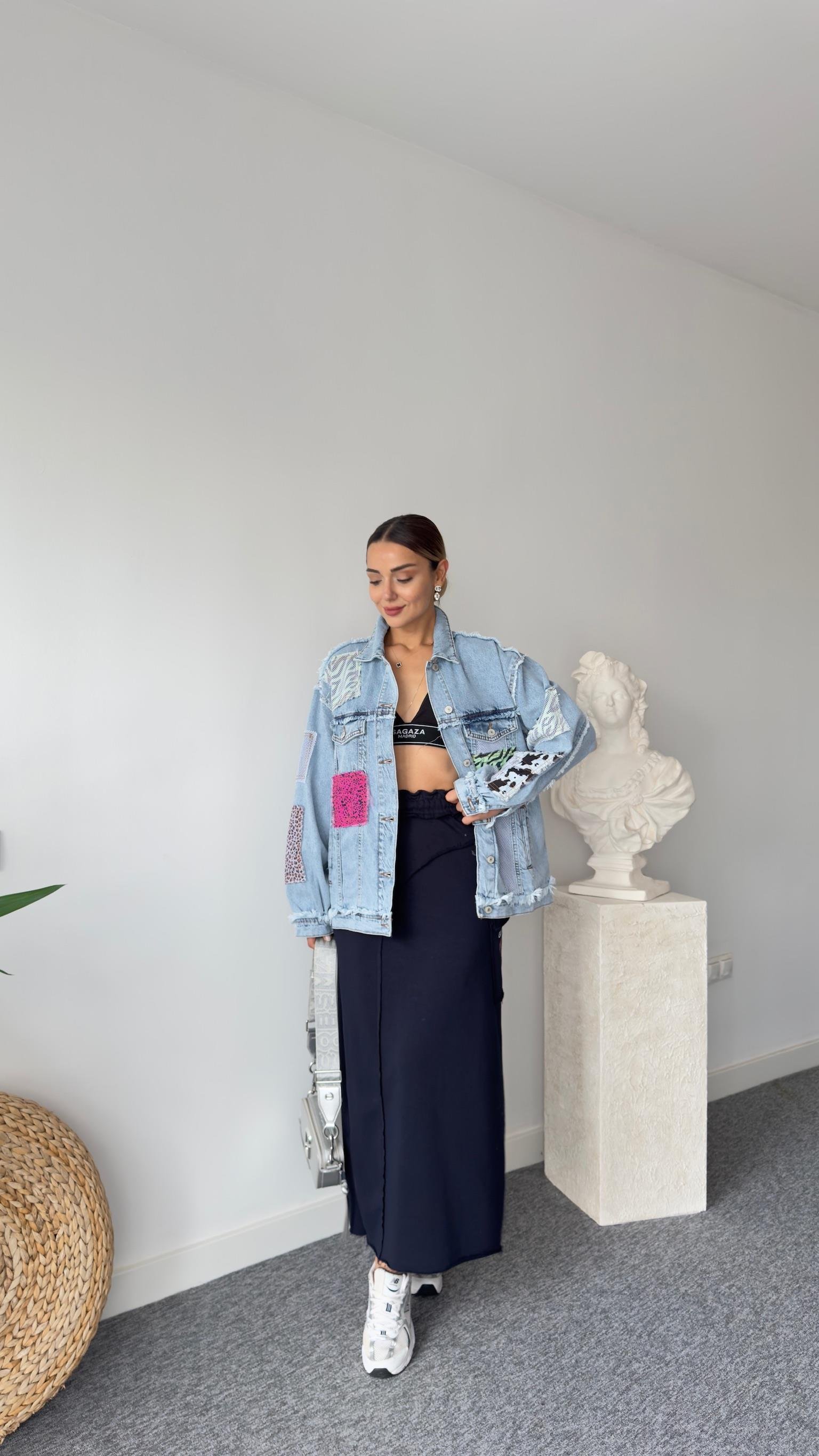 Fileli Patchwork Tasarım Jean Ceket