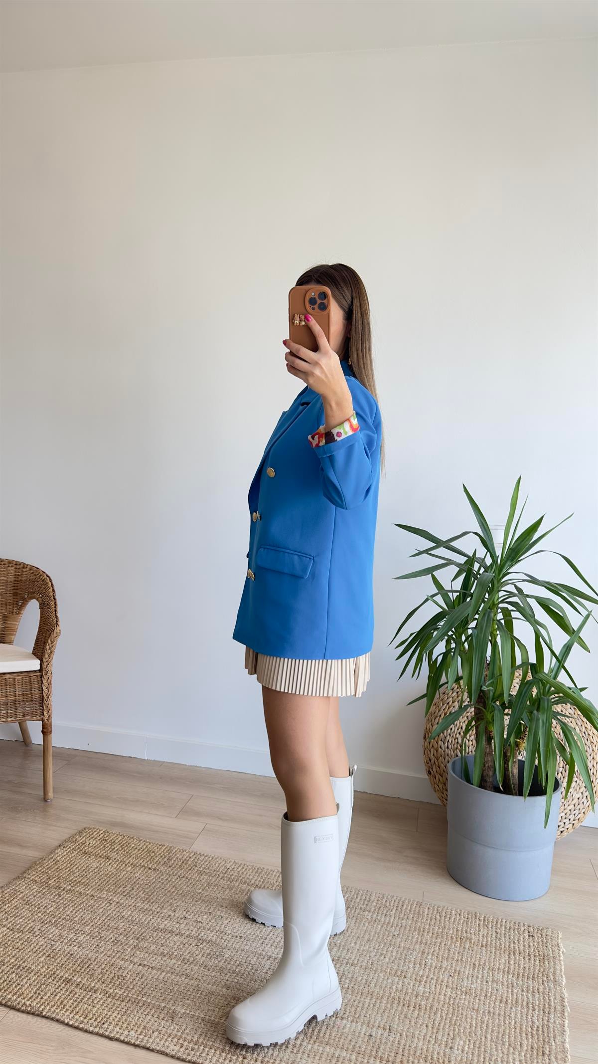Renkli Astarlı Mavi Blazer Ceket