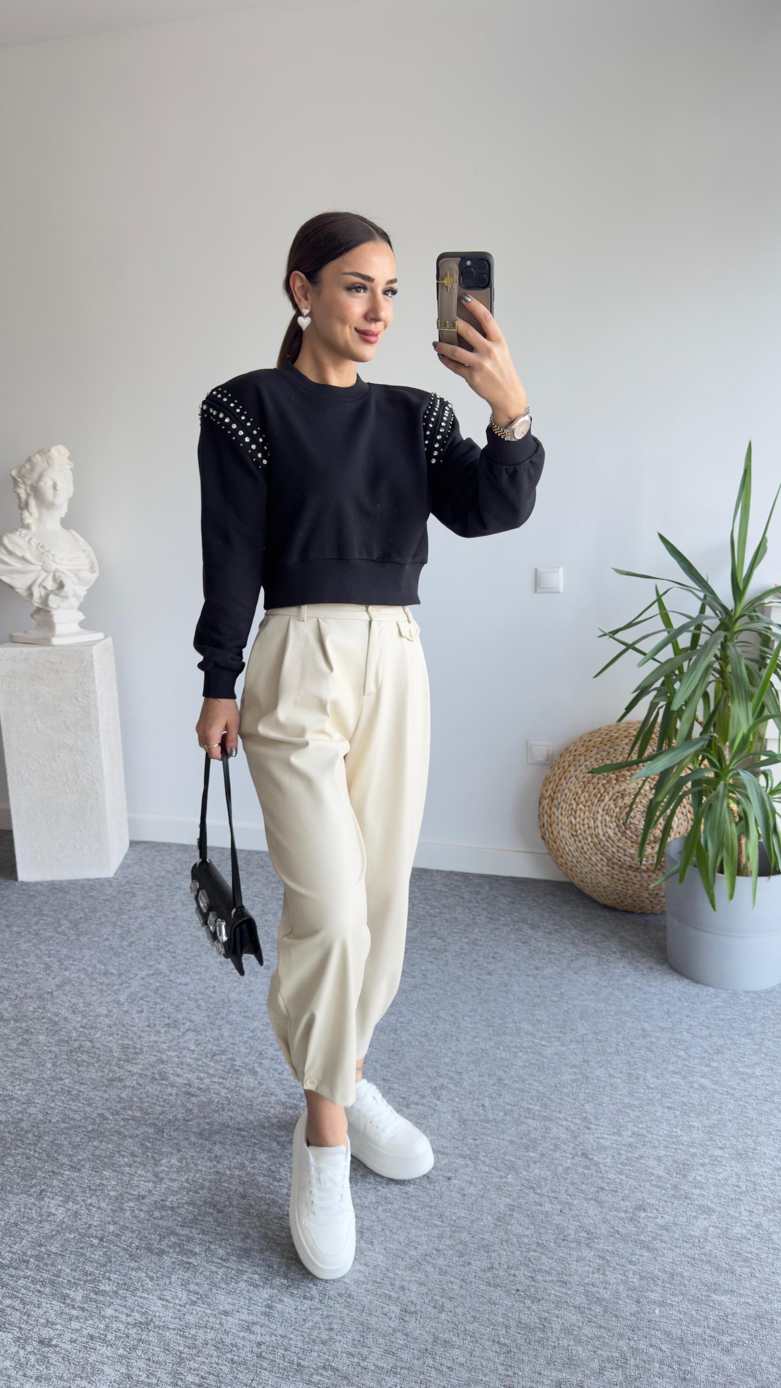 Rime Omuzlar Taşlı Siyah Sweat