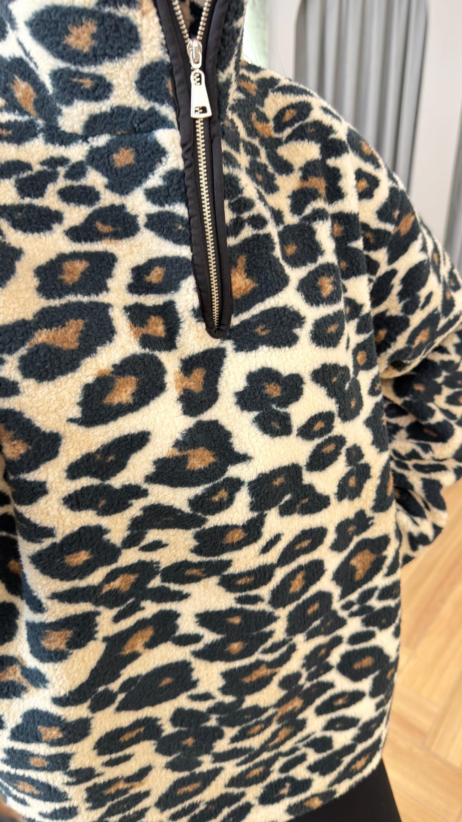 Leopar Desenli Yarım Fermuar Peluş Sweatshirt