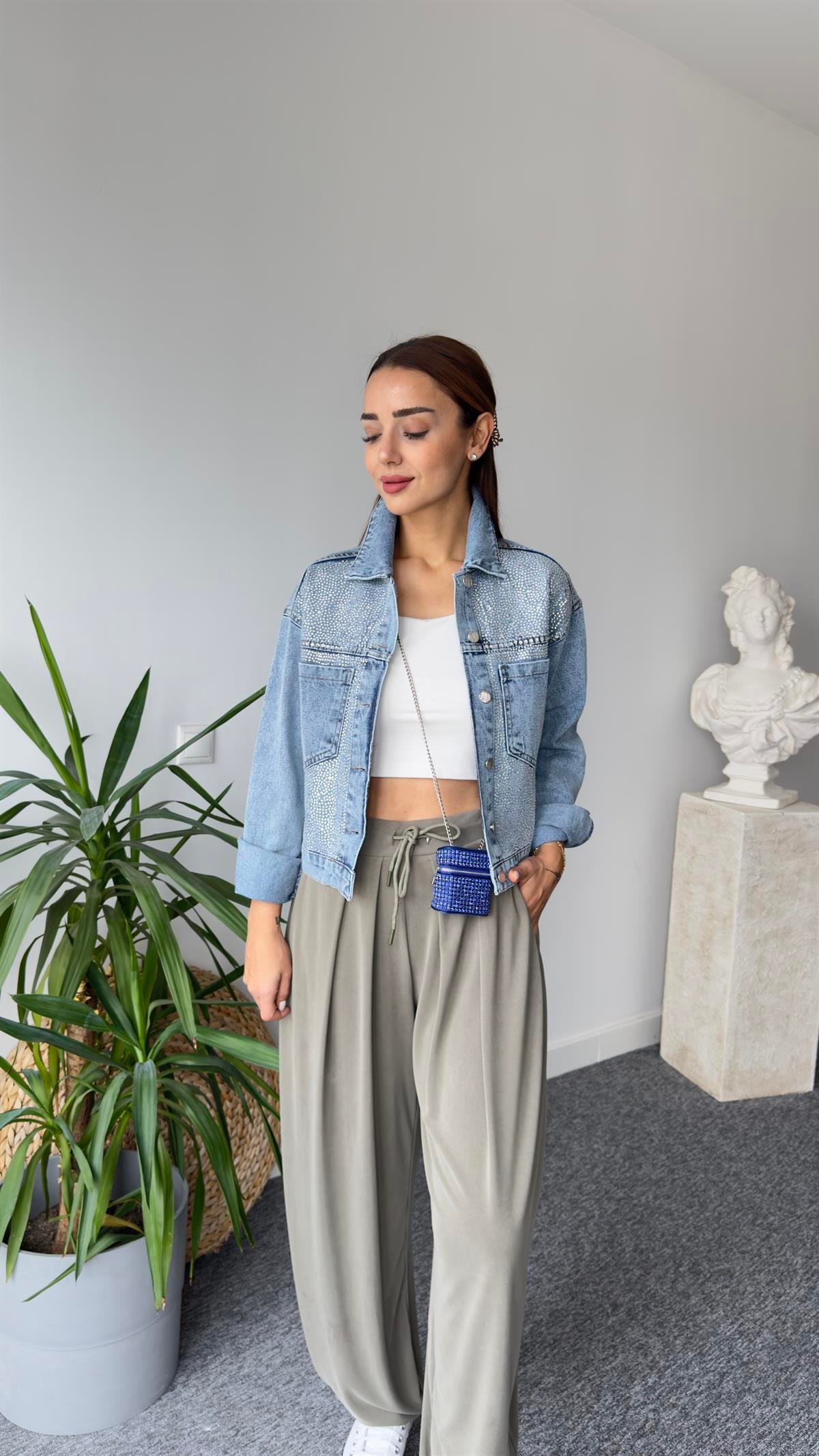 Bend Taş Detaylı Jean Ceket