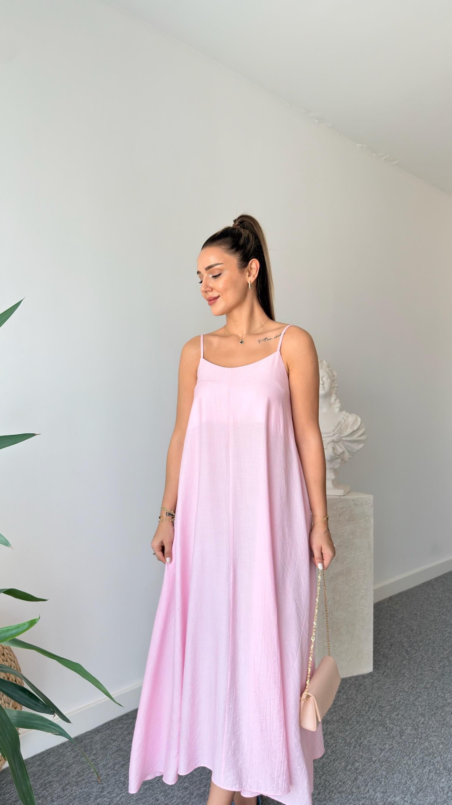 Pembe Ruma Askılı Elbise 