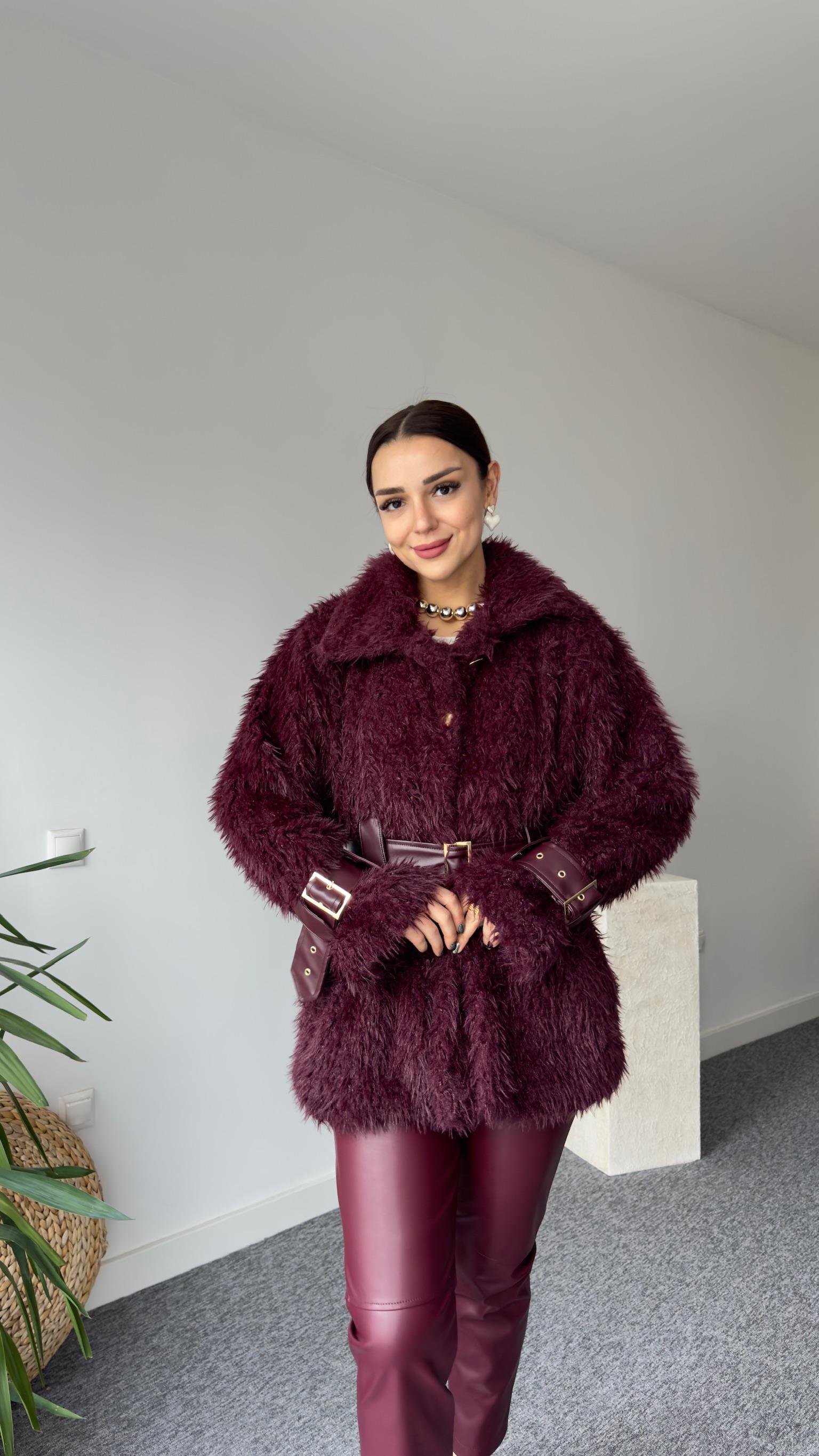 Premıum Deri Detaylı Bordo Peluş Mont (Ön Sipariş Ürünü)