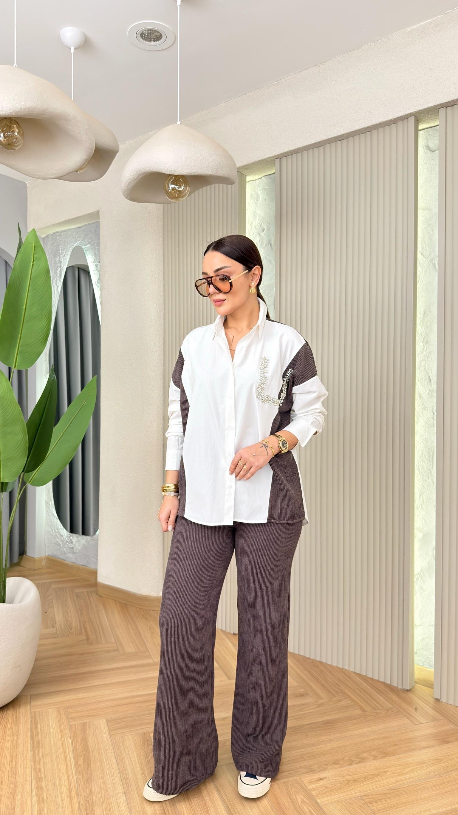 Kahve Monce Taş Detaylı Gömlek Pantolon Takım