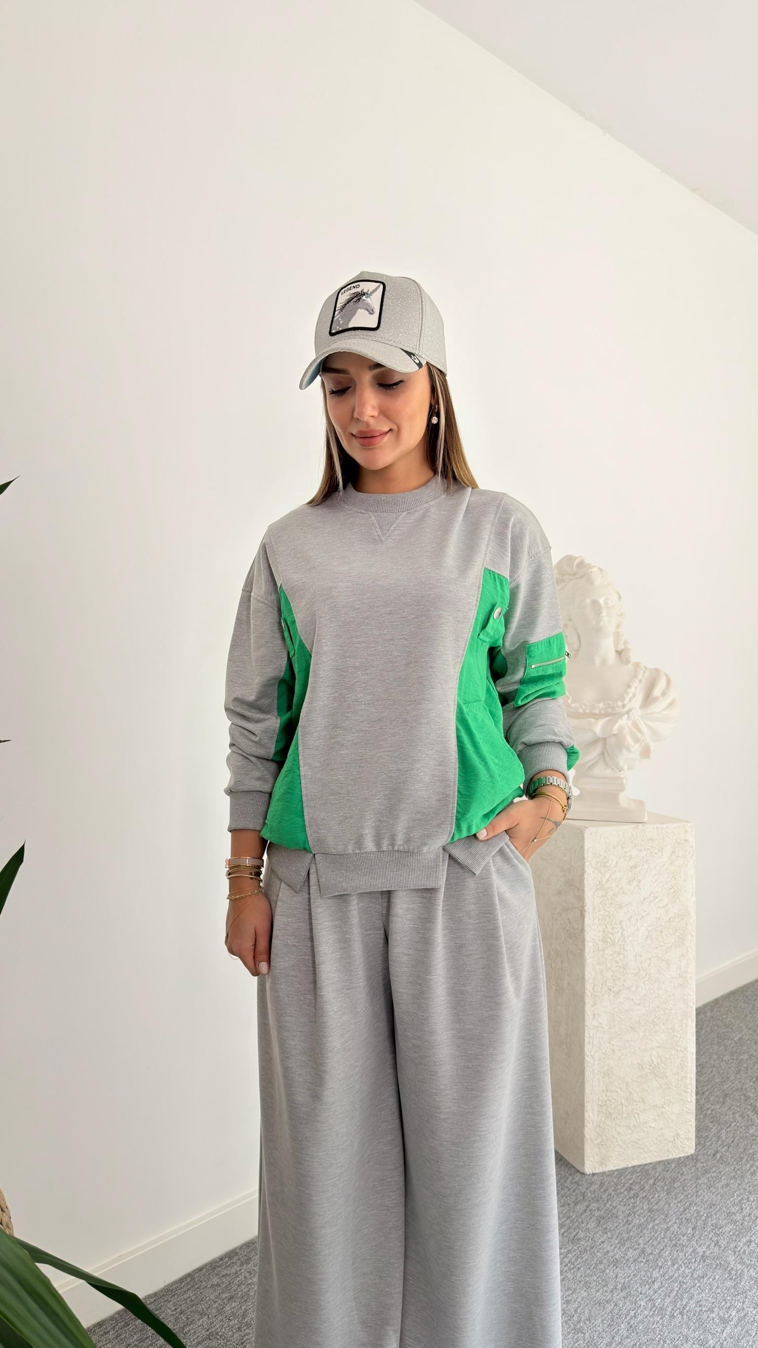 Yeşil Yan Paraşütlü Gri Sweatshirt