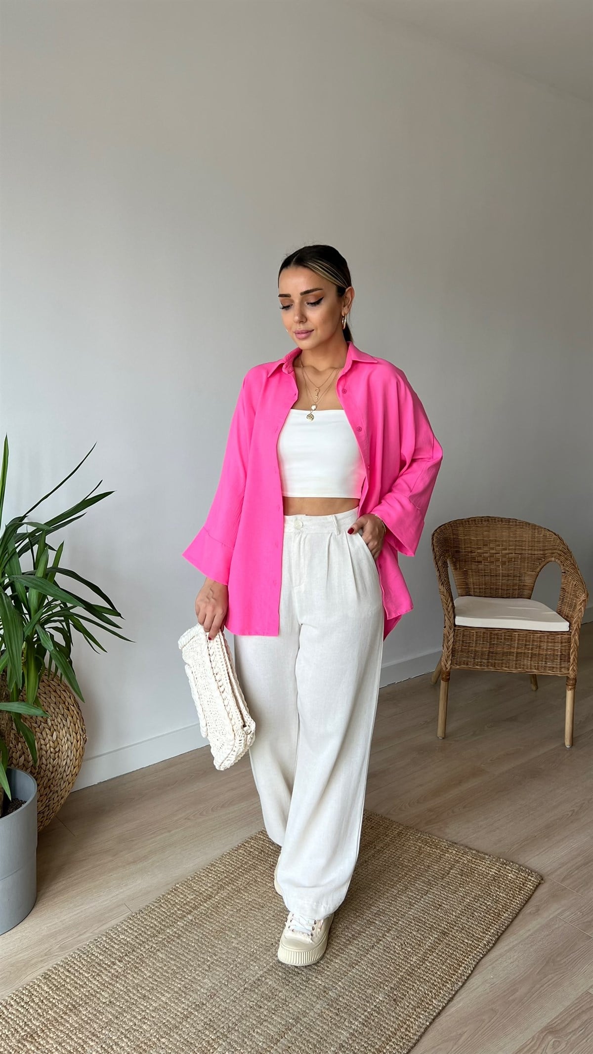 Oversize Pembe Pamuklu Gömlek