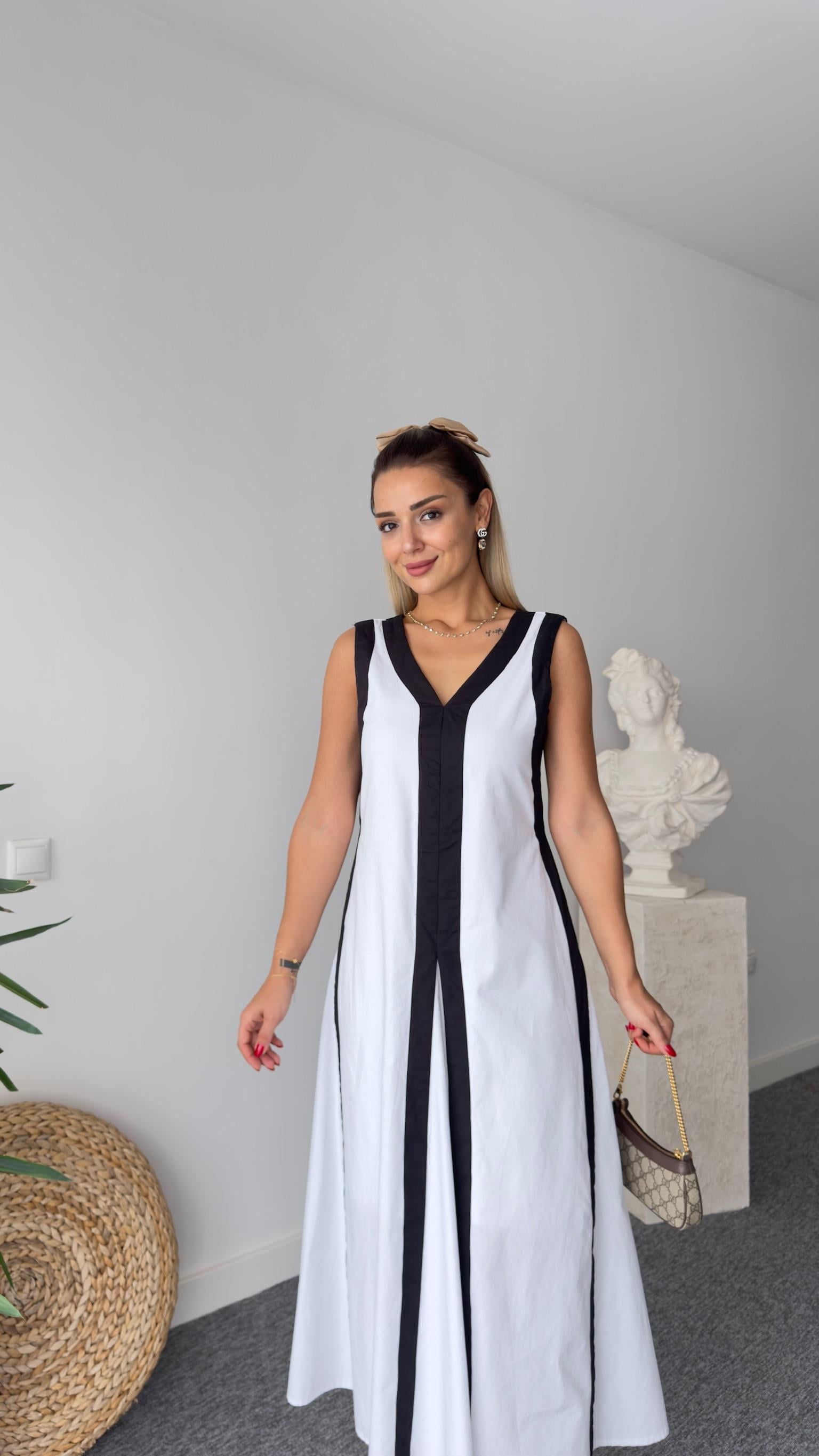 Orj Model Şerit Detaylı Beyaz Poplin Elbise 