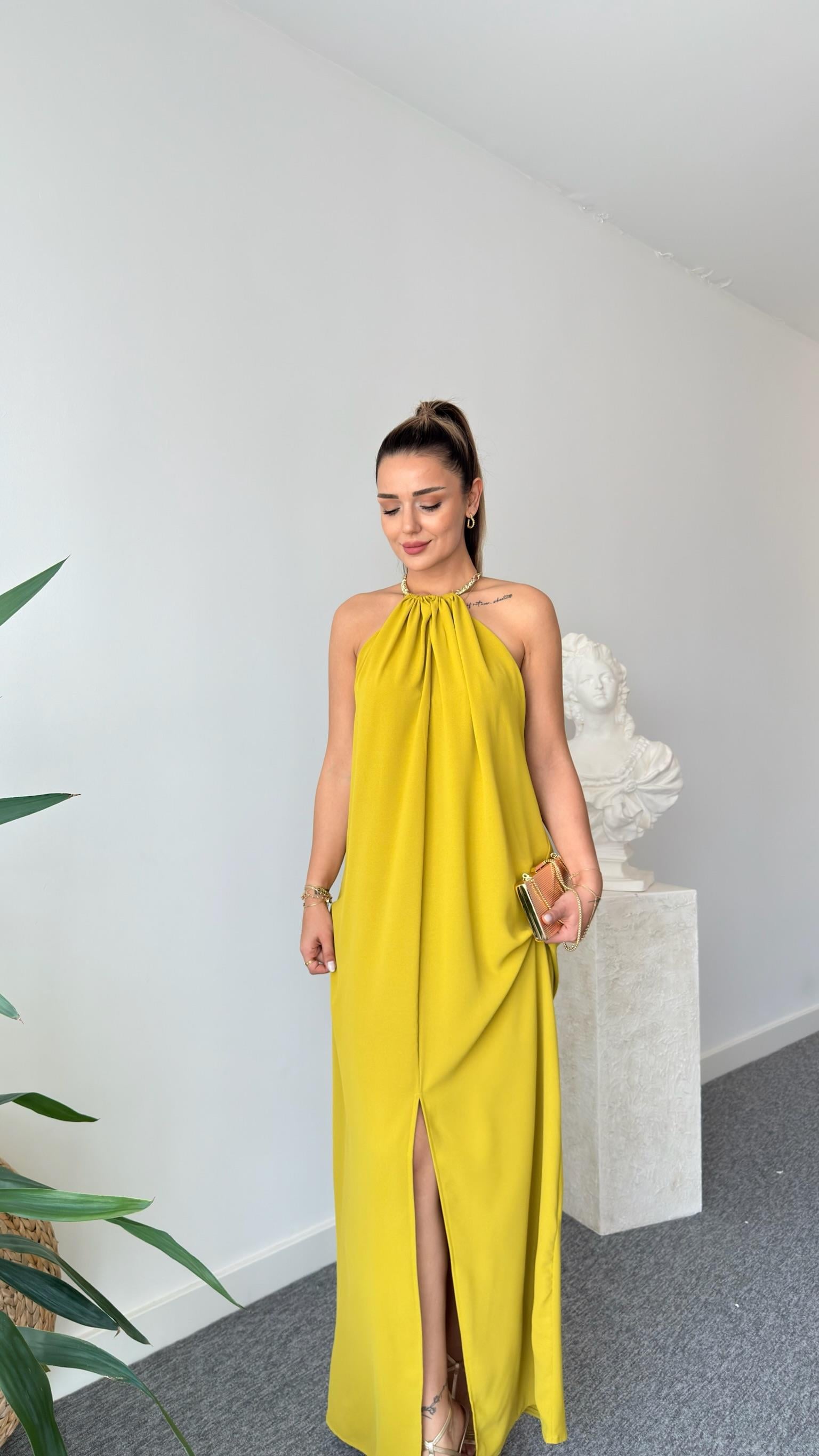 Kolyeli Orj Model Yeşil Elbise 