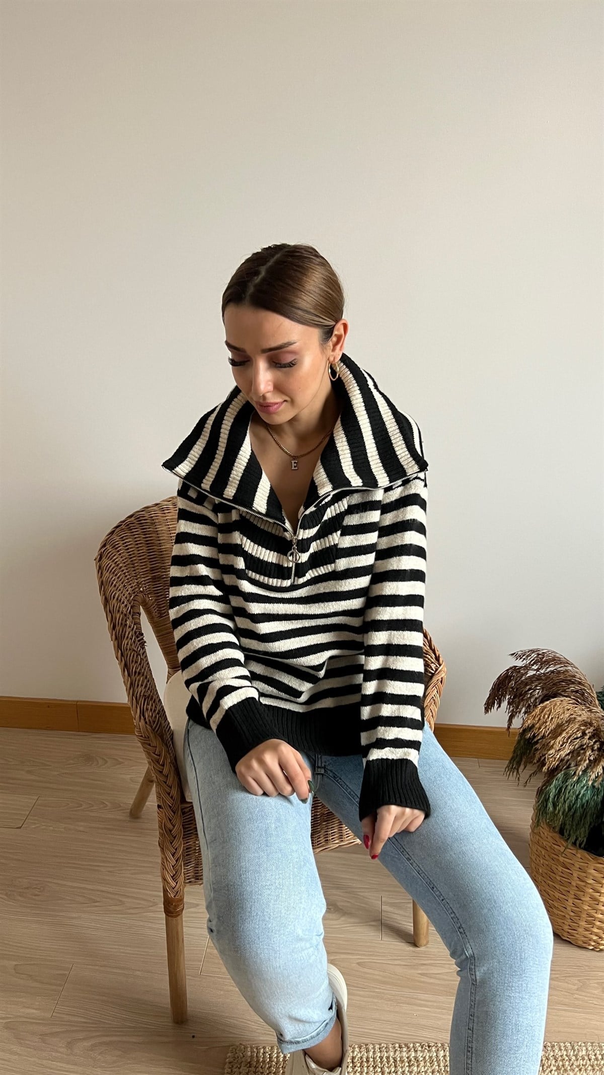 Zara Model Çizgili Yarım Fermuar Kazak
