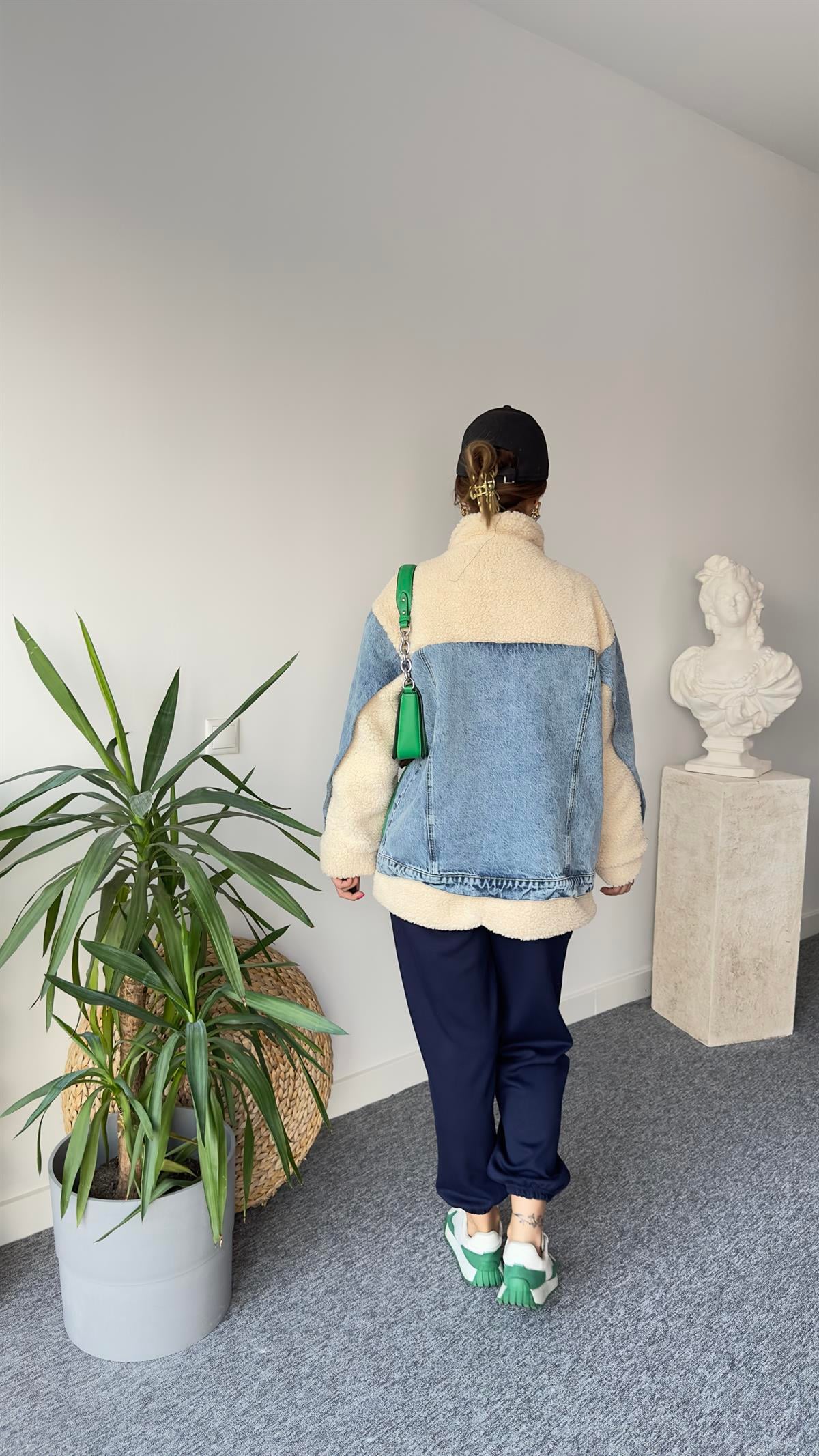 Denim Mix Yeşil Detay Peluş Mont