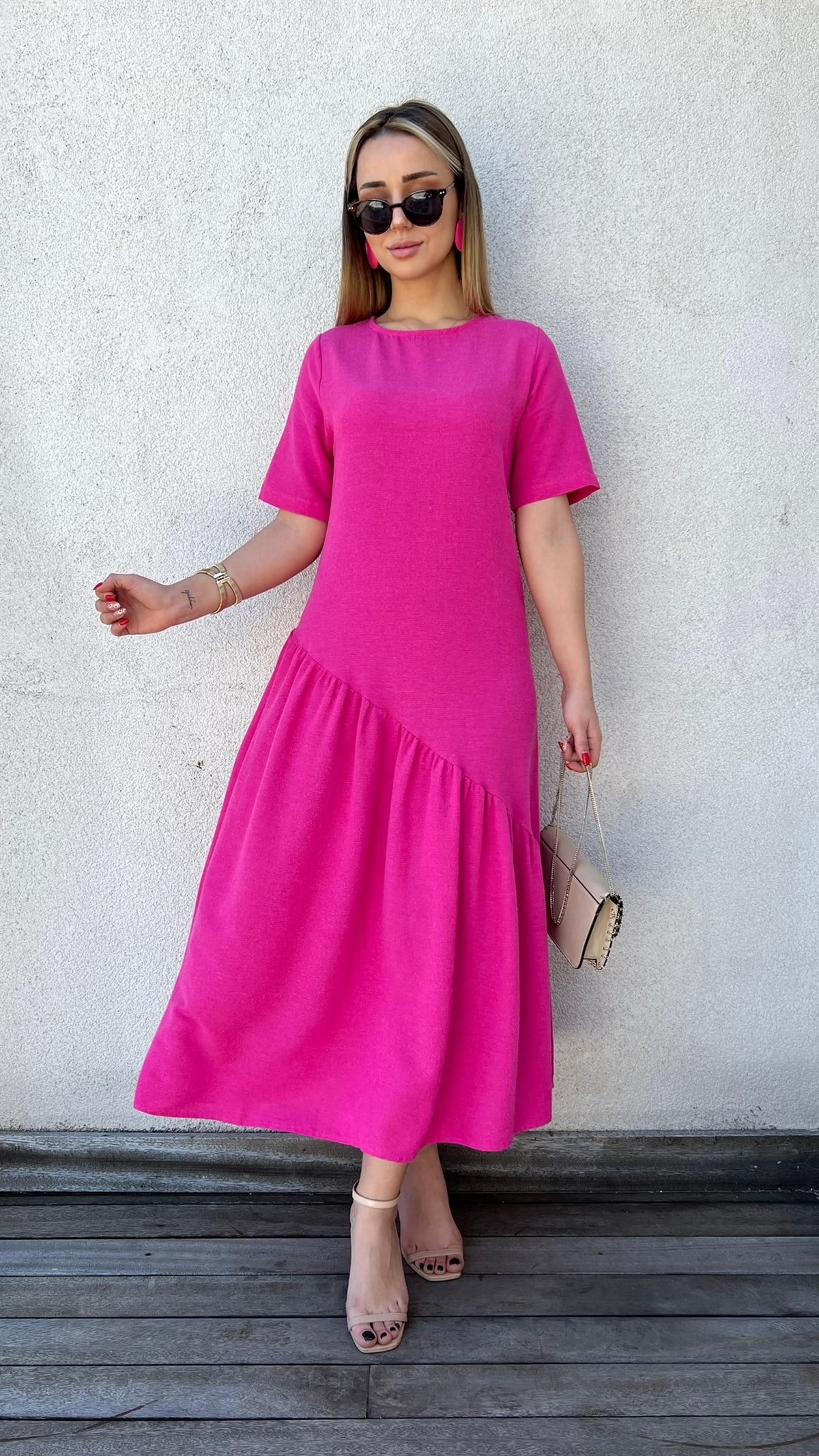 Pembe Verev Kesim Keten Elbise