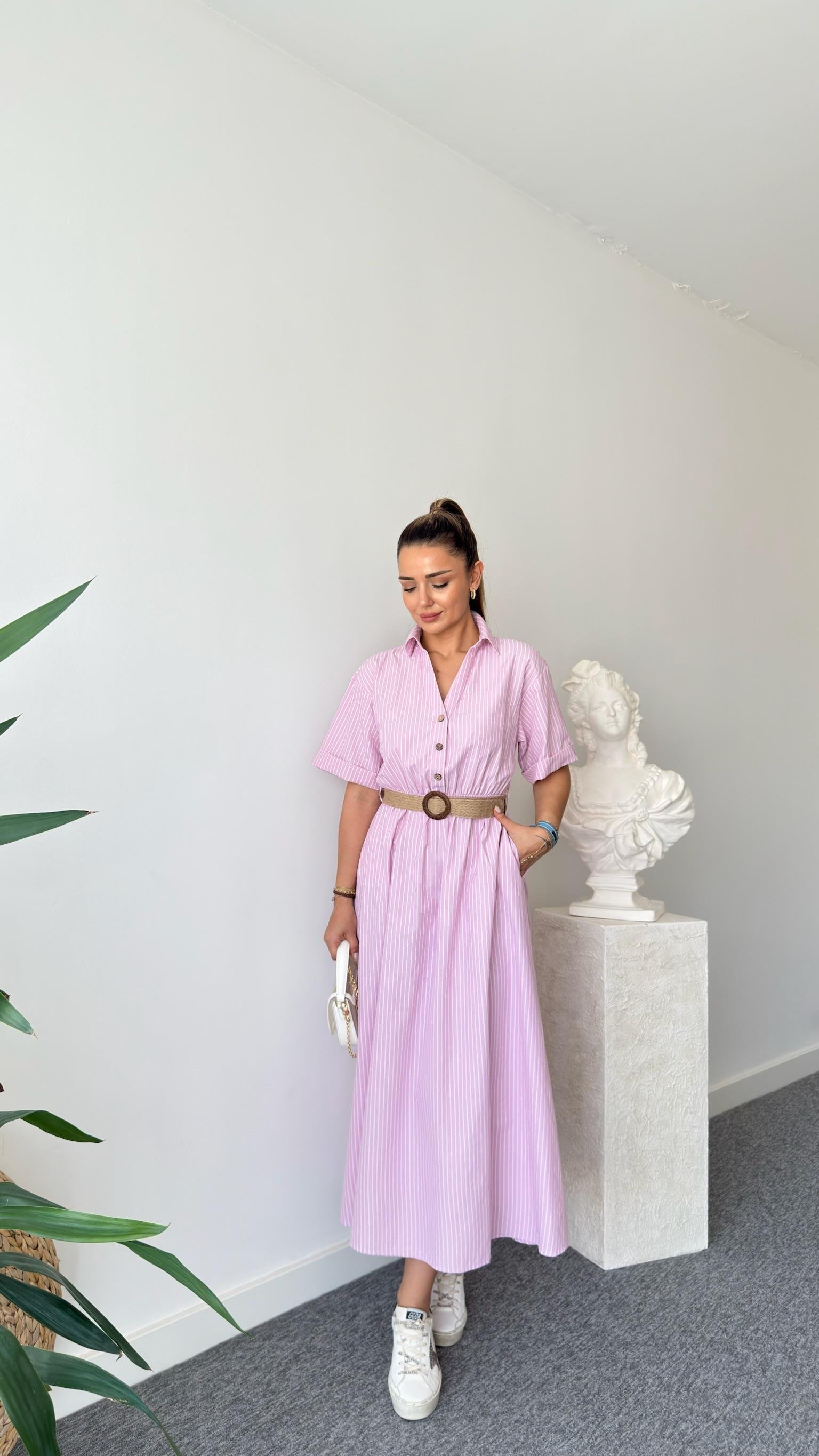 Hasır Kemerli Çizgili Pembe Gömlek Elbise