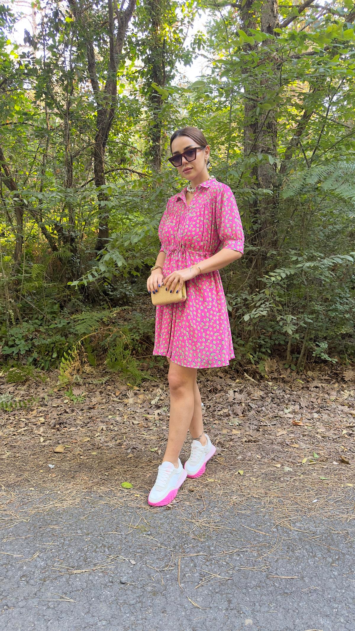 Rise Gömlek Yaka Desenli Pembe Elbise 
