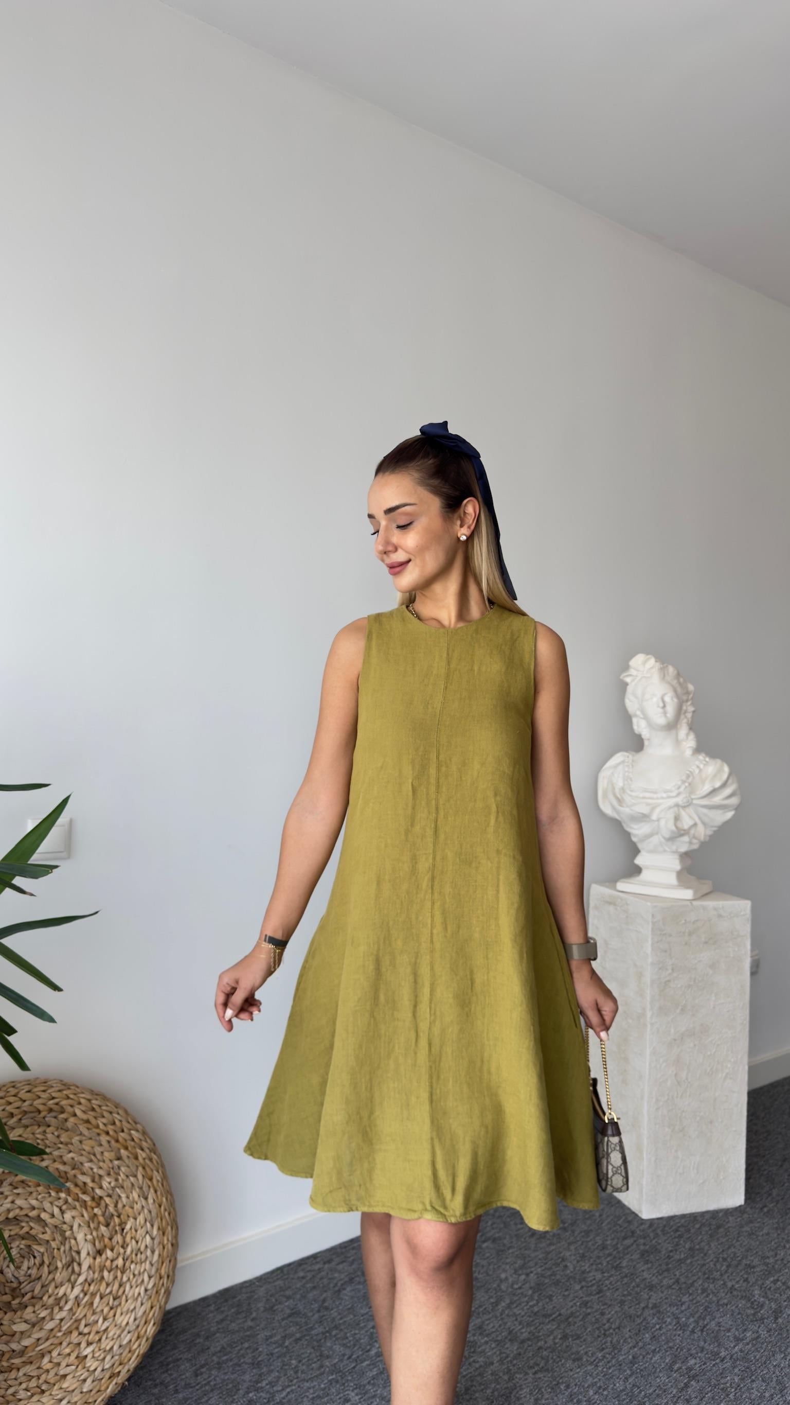 Kolsuz Keten Yeşil Elbise 