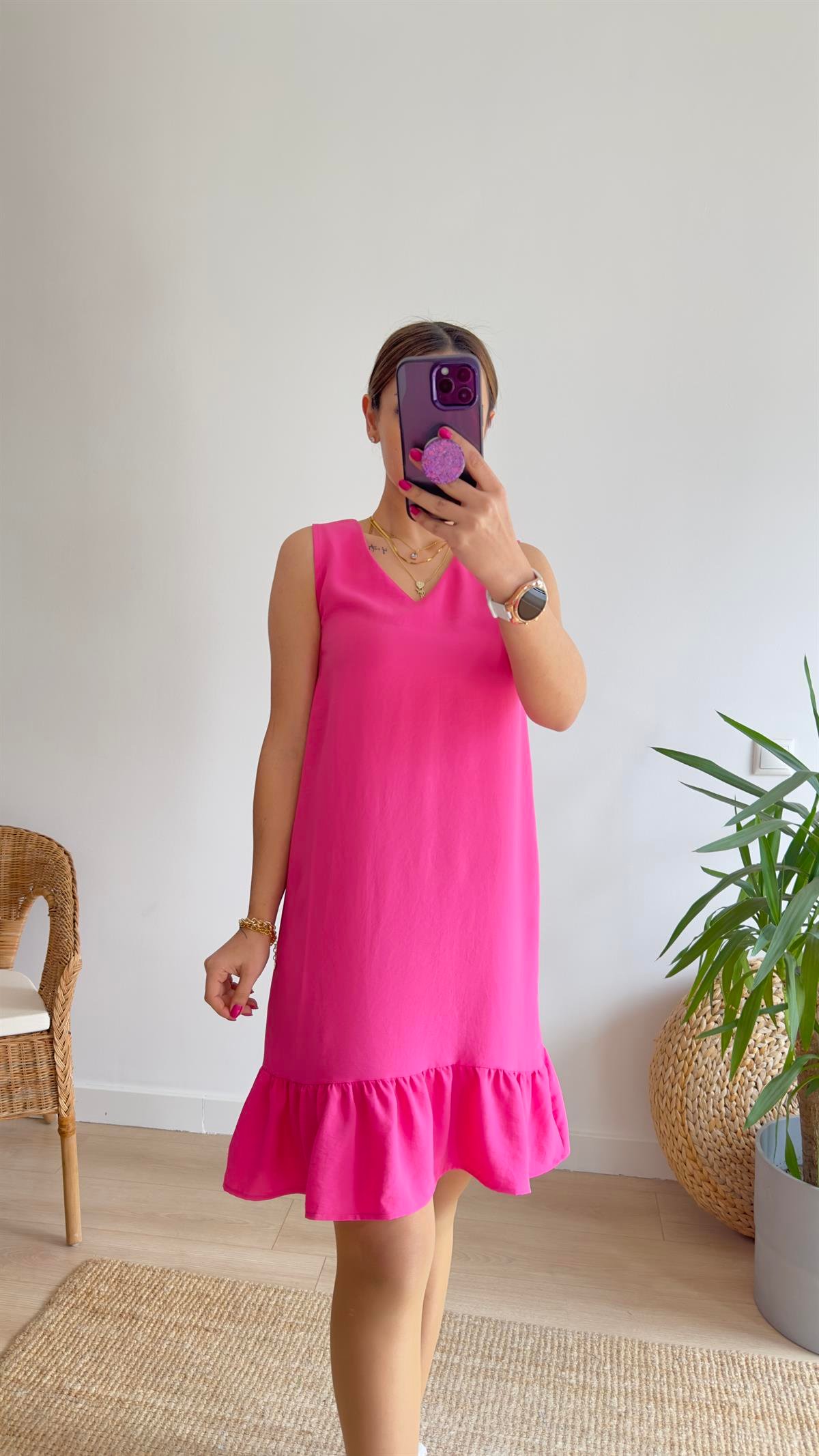 Vita V Yaka Kolsuz Pembe Basic Elbise 